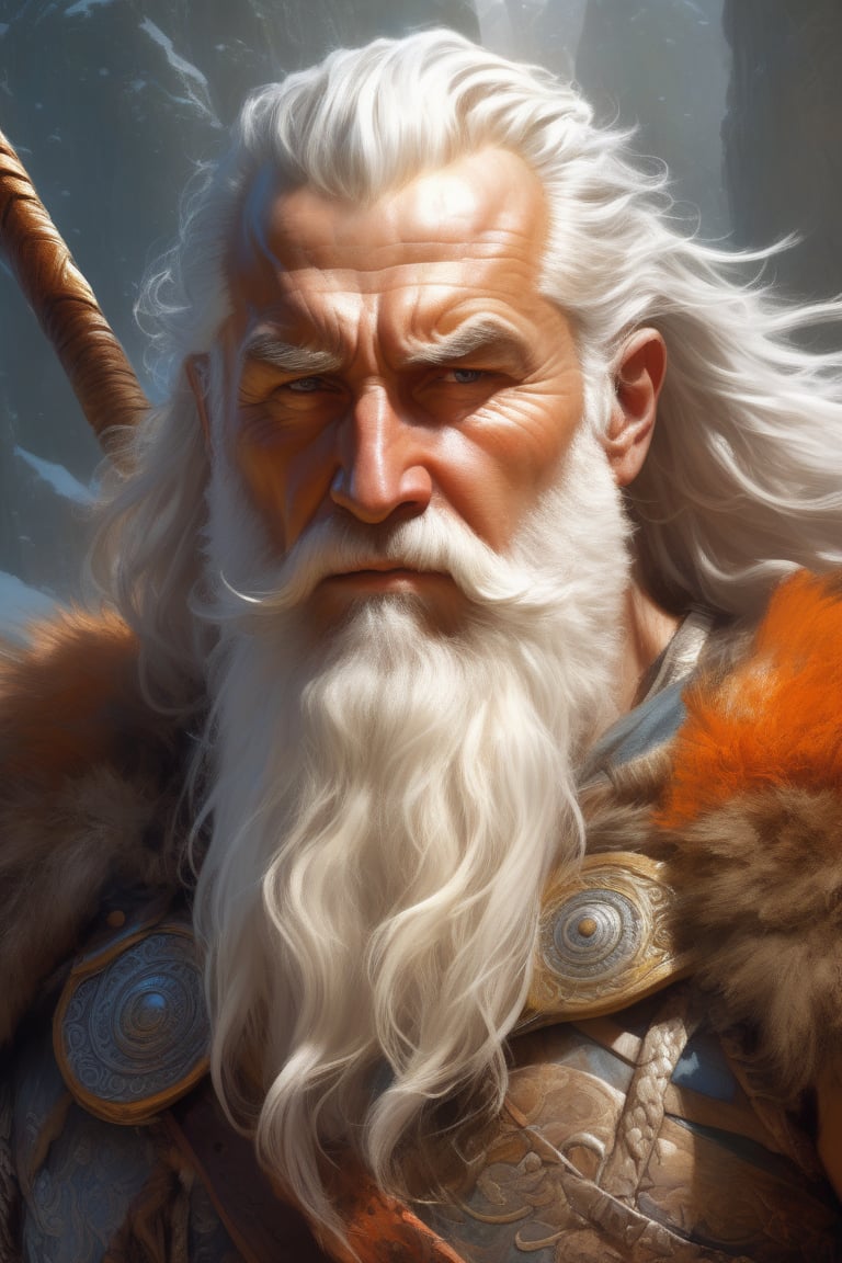 painted portrait of rugged odin, god of war, nordic god, white hair, masculine, mature, handsome, upper body, grey and silver, muscular, hairy torso, fantasy, intricate, muscular, elegant, highly detailed, digital painting, artstation, concept art, smooth, sharp focus, illustration, art by gaston bussiere and alphonse mucha