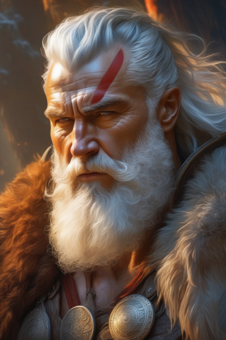 painted portrait of rugged odin, god of war, nordic god, white hair, masculine, mature, handsome, upper body, grey and silver, muscular, hairy torso, fantasy, intricate, muscular, elegant, highly detailed, digital painting, artstation, concept art, smooth, sharp focus, illustration, art by gaston bussiere and alphonse mucha