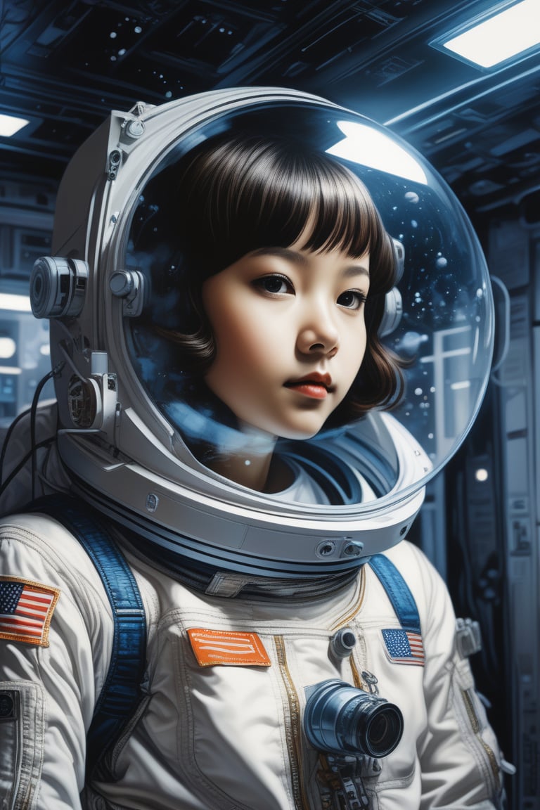 (masterpiece,best quality, ultra realistic, RAW photo), hyperrealistic art portrait of a young astronaut girl floating inside a spacestation,ink stippling, Karolis Strautniekas,omoide emanon, tsuruta kenji, murata range,kawaii, kyoto animation, manga, intricate, detailed, studio lighting, gradation,editorial illustration, matte print, Ilya Kuvshinov . extremely high-resolution details, photographic, realism pushed to extreme, fine texture, incredibly lifelike