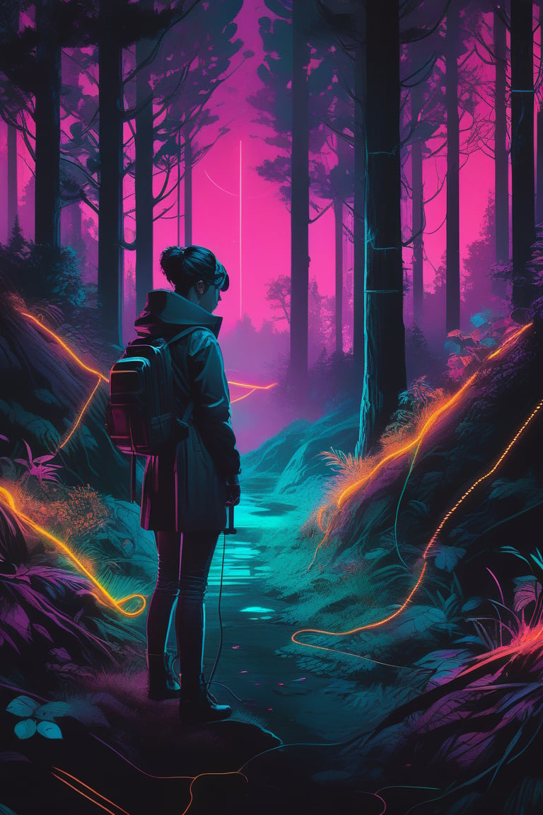 (masterpiece,best quality, ultra realistic, RAW photo),vaporwave style, retro aesthetic, cyberpunk, vibrant, neon colors, vintage 80s and 90s style, highly detailed, analog film photo 1 6 mm, film, a non - binary vr musician plugging cables into trees in a mystical glowing forest in the style of artgerm, charlie bowater, atey ghailan and mike mignola, vibrant colors and hard shadows and strong rim light, perfect details, comic cover art, trending on artstation, 3 d render, smooth render, wlop . faded film, desaturated, 35mm photo, grainy, vignette, vintage, Kodachrome, Lomography, stained, highly detailed, found footage