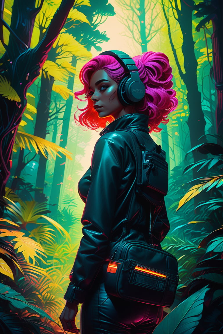 (masterpiece,best quality, ultra realistic, RAW photo),vaporwave style, retro aesthetic, cyberpunk, vibrant, neon colors, vintage 80s and 90s style, highly detailed, analog film photo 1 6 mm, film, a non - binary vr musician plugging cables into trees in a mystical glowing forest in the style of artgerm, charlie bowater, atey ghailan and mike mignola, vibrant colors and hard shadows and strong rim light, perfect details, comic cover art, trending on artstation, 3 d render, smooth render, wlop . faded film, desaturated, 35mm photo, grainy, vignette, vintage, Kodachrome, Lomography, stained, highly detailed, found footage