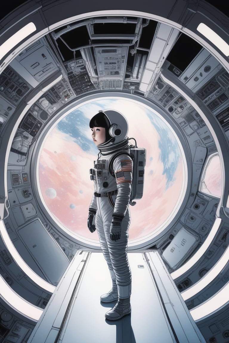 (masterpiece,best quality, ultra realistic, RAW photo), hyperrealistic art portrait of a young astronaut girl floating inside a spacestation,ink stippling, Karolis Strautniekas,omoide emanon, tsuruta kenji, murata range,kawaii, kyoto animation, manga, intricate, detailed, studio lighting, gradation,editorial illustration, matte print, Ilya Kuvshinov . extremely high-resolution details, photographic, realism pushed to extreme, fine texture, incredibly lifelike