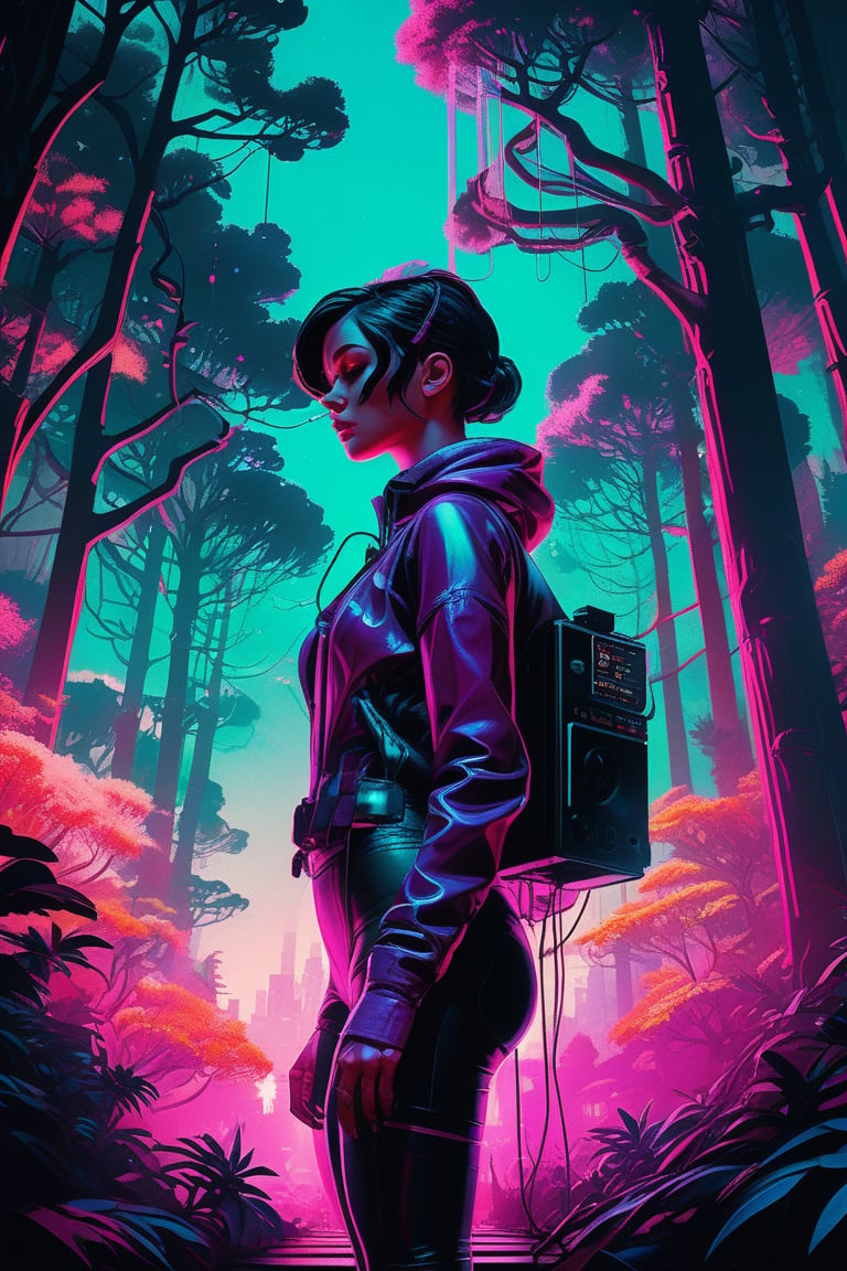 (masterpiece,best quality, ultra realistic, RAW photo),vaporwave style, retro aesthetic, cyberpunk, vibrant, neon colors, vintage 80s and 90s style, highly detailed, analog film photo 1 6 mm, film, a non - binary vr musician plugging cables into trees in a mystical glowing forest in the style of artgerm, charlie bowater, atey ghailan and mike mignola, vibrant colors and hard shadows and strong rim light, perfect details, comic cover art, trending on artstation, 3 d render, smooth render, wlop . faded film, desaturated, 35mm photo, grainy, vignette, vintage, Kodachrome, Lomography, stained, highly detailed, found footage