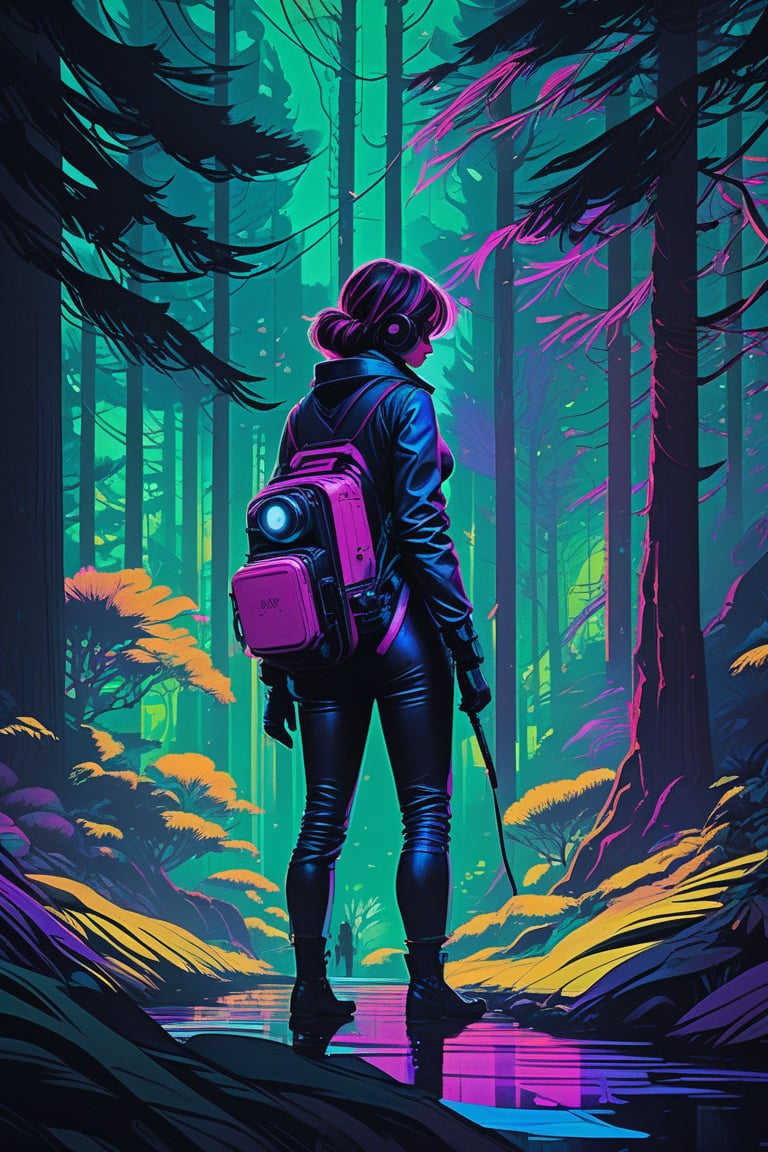 (masterpiece,best quality, ultra realistic, RAW photo),vaporwave style, retro aesthetic, cyberpunk, vibrant, neon colors, vintage 80s and 90s style, highly detailed, analog film photo 1 6 mm, film, a non - binary vr musician plugging cables into trees in a mystical glowing forest in the style of artgerm, charlie bowater, atey ghailan and mike mignola, vibrant colors and hard shadows and strong rim light, perfect details, comic cover art, trending on artstation, 3 d render, smooth render, wlop . faded film, desaturated, 35mm photo, grainy, vignette, vintage, Kodachrome, Lomography, stained, highly detailed, found footage