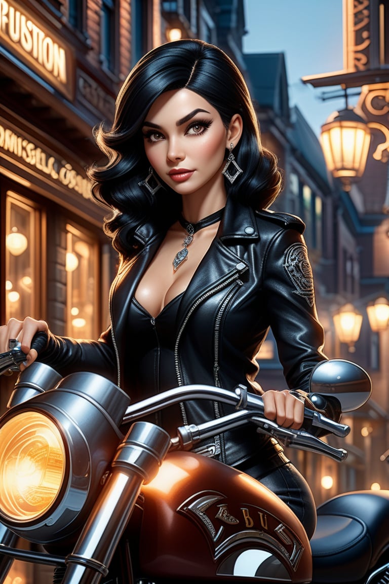 villainess woman with black hair in a leather jacket and beautiful silver biker jewelry, proudly sits on chopper motorcycle, focus front, rock pub in the background, cover, hyperdetailed photoshoot, luminism, Bar lighting, complex, 32k UHD resolution concept art portrait by Greg Rutkowski, Artgerm, WLOP, little fusion pojatti realistic goth, fractal isometrics details bioluminescens