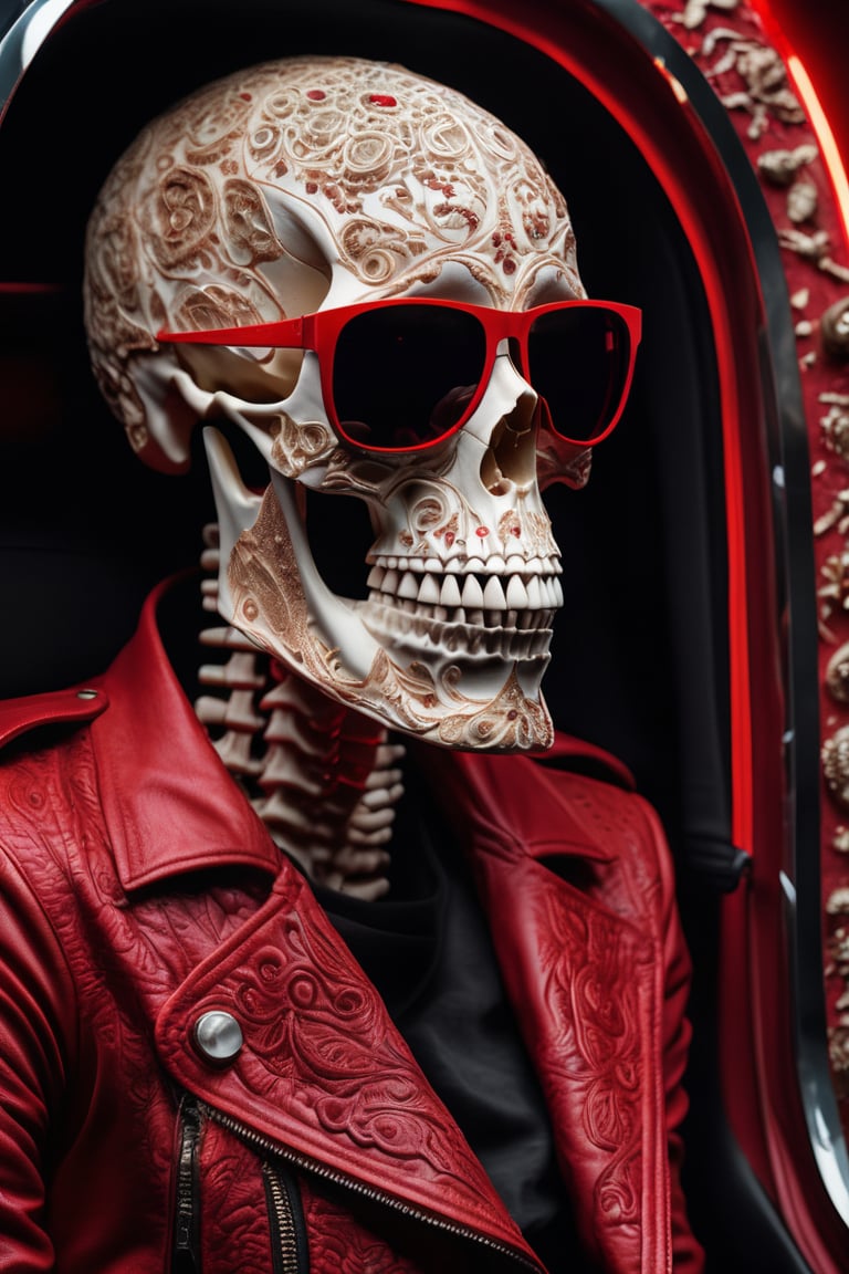 Midjourney style of detailed and intricate skull wearing red sunglasses| full human skeleton| riding horse through space| stunning environment| volumetric lighting| vibrant