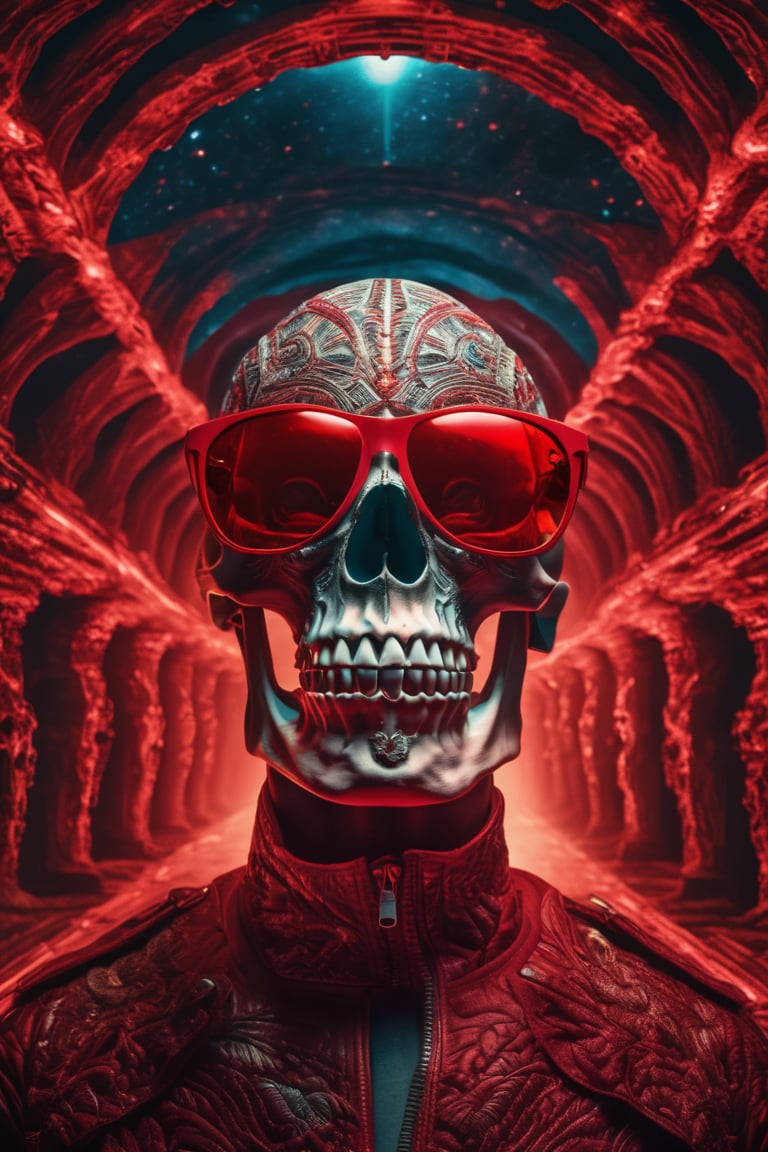 Midjourney style of detailed and intricate skull wearing red sunglasses| full human skeleton| riding horse through space| stunning environment| volumetric lighting| vibrant