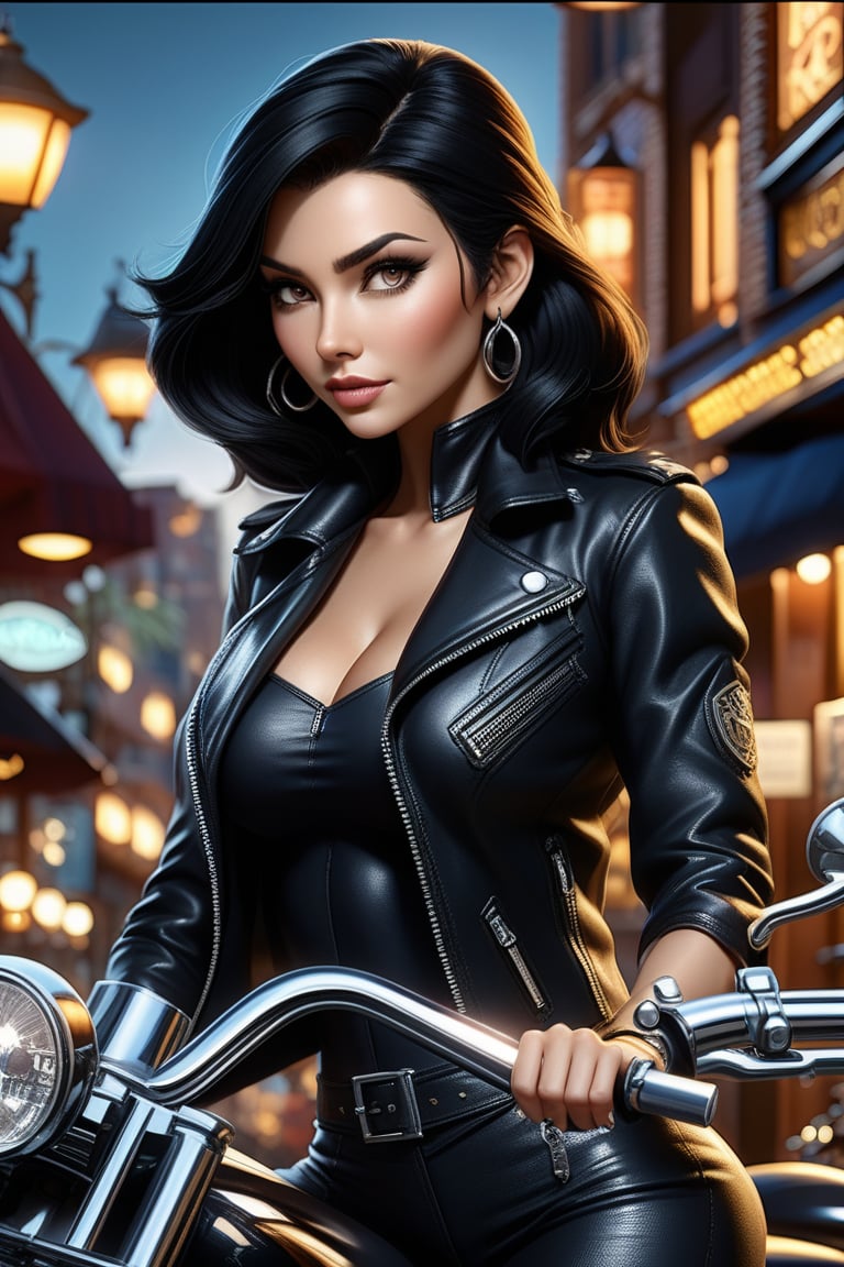 villainess woman with black hair in a leather jacket and beautiful silver biker jewelry, proudly sits on chopper motorcycle, focus front, rock pub in the background, cover, hyperdetailed photoshoot, luminism, Bar lighting, complex, 32k UHD resolution concept art portrait by Greg Rutkowski, Artgerm, WLOP, little fusion pojatti realistic goth, fractal isometrics details bioluminescens