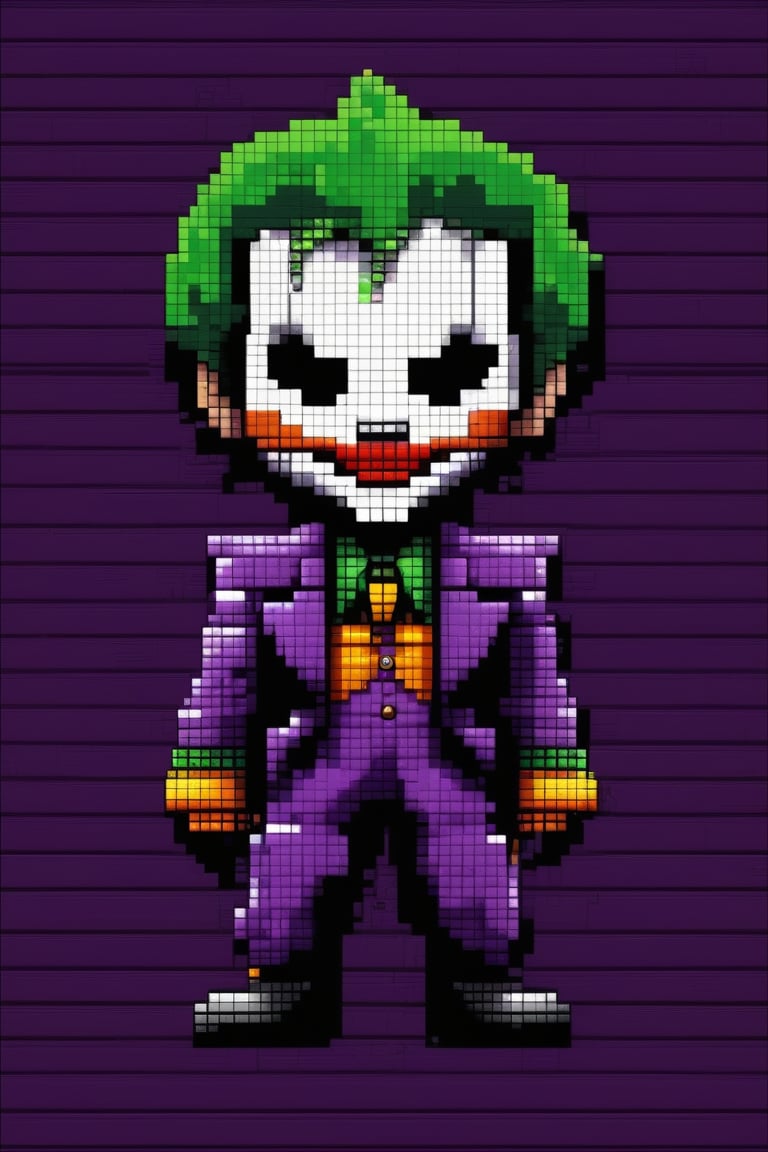 (masterpiece,best quality, ultra realistic, RAW photo), retro arcade style Cute chibi pixel art of the joker . 8-bit, pixelated, vibrant, classic video game, old school gaming, reminiscent of 80s and 90s arcade games
