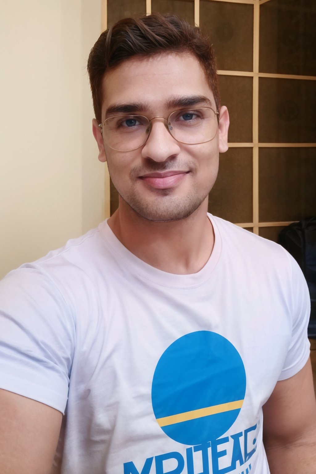 1boy, masterpiece, handsome, looking at viewer, blue eyes, 30yo, t-shirt, muscular, silky smooth hair, Taper Fade hair style, medium hair,cute smile, walking, from sside, glasses