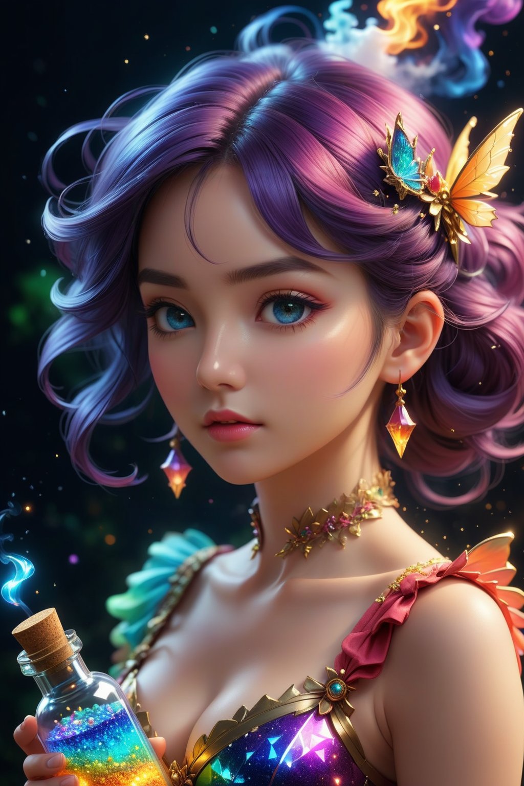 pixel art, Delicate magical fairy dust in a bottle smoking with cosmic magical energy, highly detailed painting, deep color, fantastical, intricate detail, complementary colors, fantasy concept art, trending on Artstation Unreal Engine 5, by artist "anime", Anime Key Visual, Japanese Manga, Pixiv, Zerochan, Anime art, Fantia, Hyperrealistic, splash art, concept art, mid shot, intricately detailed, color depth, dramatic, 2/3 face angle, side light, colorful background, SAI Pixel Art. pixel, vibrant masterpiece, (32K:1.0), UHD, best resolution, best micro details, best quality, best details, best artist, sharp edges, detailed textures, full view, atmospheric lighting, visually stunning, perfect composition, trending on behance