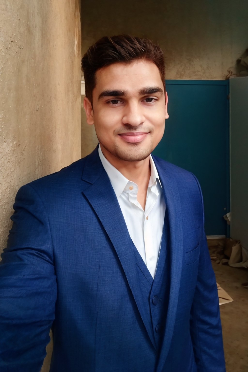 1boy, masterpiece, handsome, looking at viewer, blue eyes, 30yo, two piece suit, silky smooth hair, Taper Fade hair style, medium hair,cute smile, standing, leaning against wall, chair,hand on own chin,