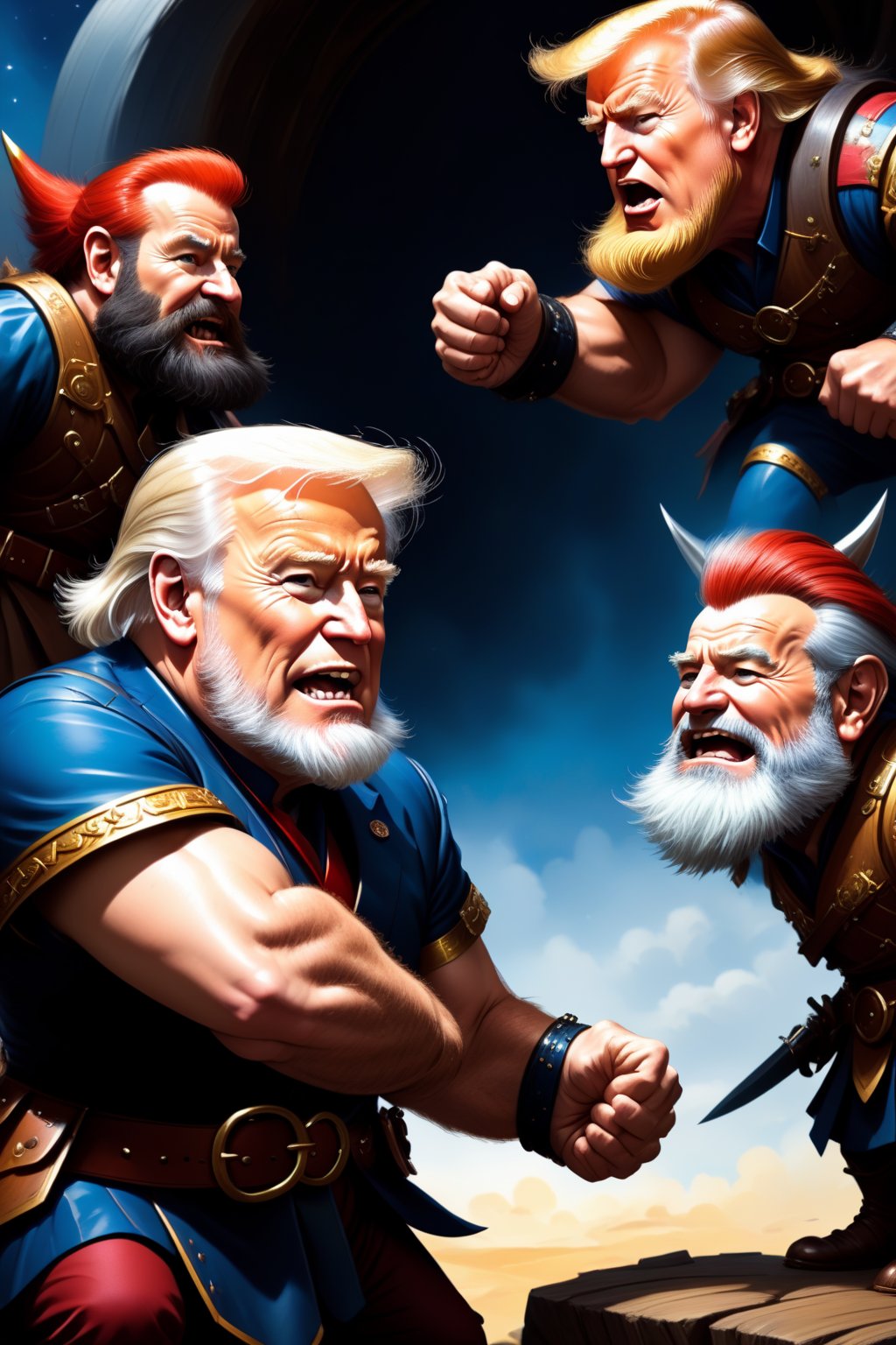 Dwarf fighting with trolls, 
Donald trump troll ,
Joe Biden dwarf,
by ake - Bitxu Comic