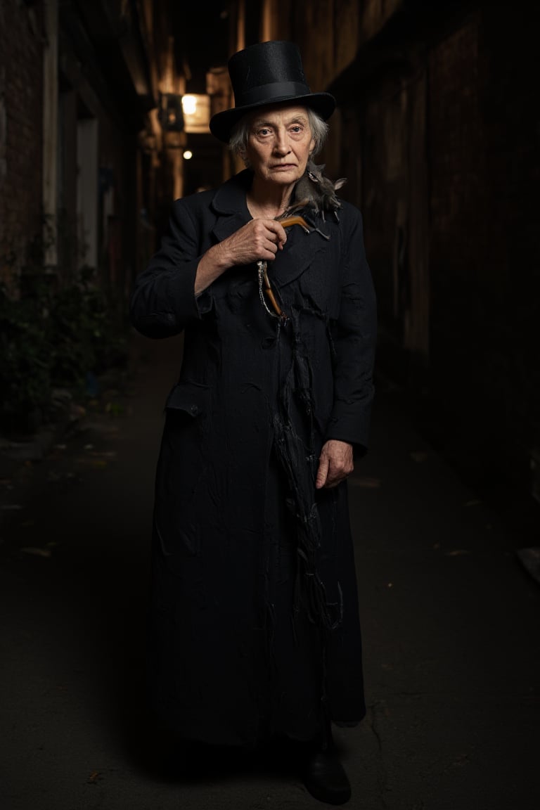 An elderly woman wearing a long, tattered black coat and an old-fashioned top hat. She holds a black, slightly broken umbrella in one hand, while a small gray rat sits perched on her right shoulder, its tail curling down her back. The woman's face is wrinkled and mischievous, with narrow eyes and a sharp nose. Her posture is slightly hunched, and her hands are thin and bony. The setting is a dark, narrow alleyway at night, with dim streetlights casting long shadows. The atmosphere is eerie and mysterious, with a hint of mischievousness in the air.    MythP0rt,  detailmaximizer,