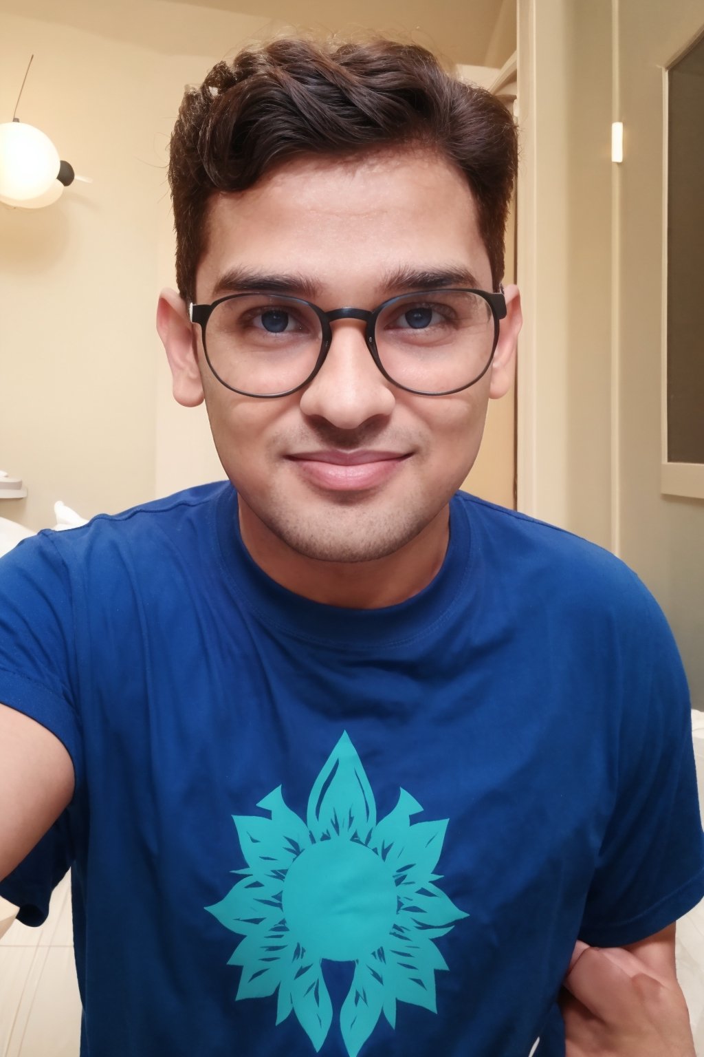 1boy, masterpiece, handsome, looking at viewer, blue eyes, 6yo, t-shirt, silky smooth hair, Taper Fade hair style, medium hair,cute smile, black glasses, random pose