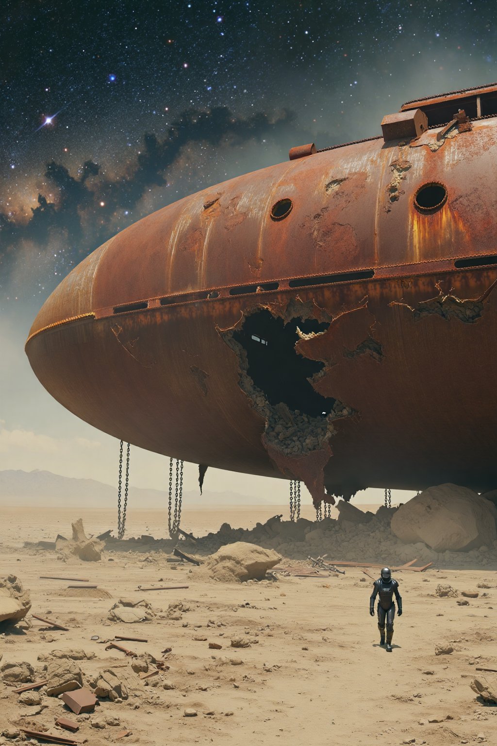 a surreal and post-apocalyptic desert scene. A massive, rusted ship lies stranded in the middle of a vast, barren desert. Galactic background, The ship's enormous hull looms over the landscape, towering over the scattered debris below. Chains hang loosely from the ship, adding to the sense of abandonment and decay. The side of the ship is damaged, with a large hole torn through its rusted exterior, revealing the interior.

A lone figure, wearing a black protective suit, walks towards the ship, dwarfed by its massive size. The figure’s posture suggests curiosity or determination as they move closer to the decaying structure.

The juxtaposition of a ship in a desert evokes a sense of mystery, as if the remnants of a long-lost civilization or event are being uncovered in an arid wasteland. The image suggests themes of isolation, decay, and a world far removed from the familiar.