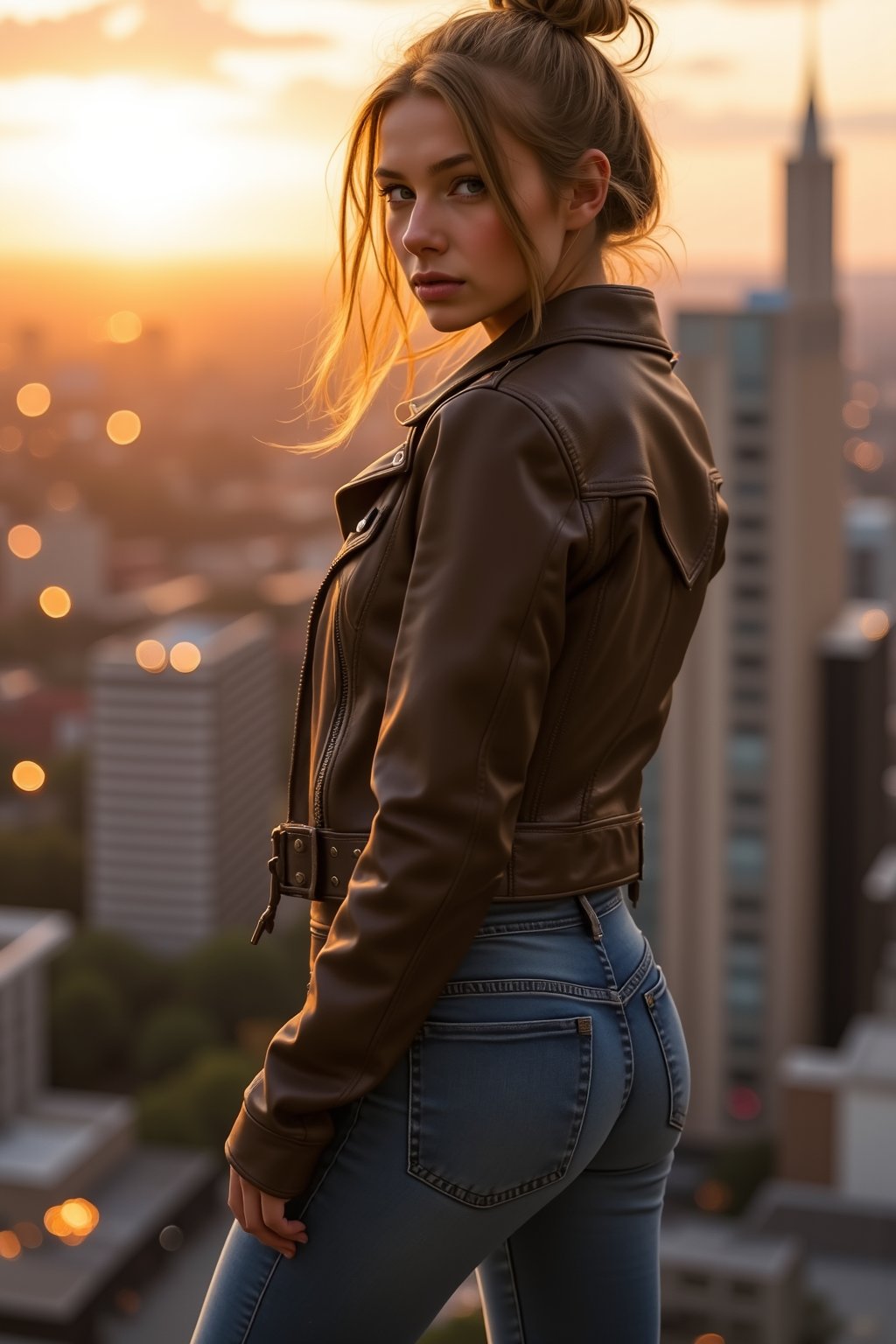 Picture a young woman with a rugged, adventurous look, wearing a leather jacket and jeans. She’s standing on a rooftop overlooking a bustling city at sunset. Her hair is slightly tousled by the wind, and she has a determined expression, as if she’s just discovered something exciting.