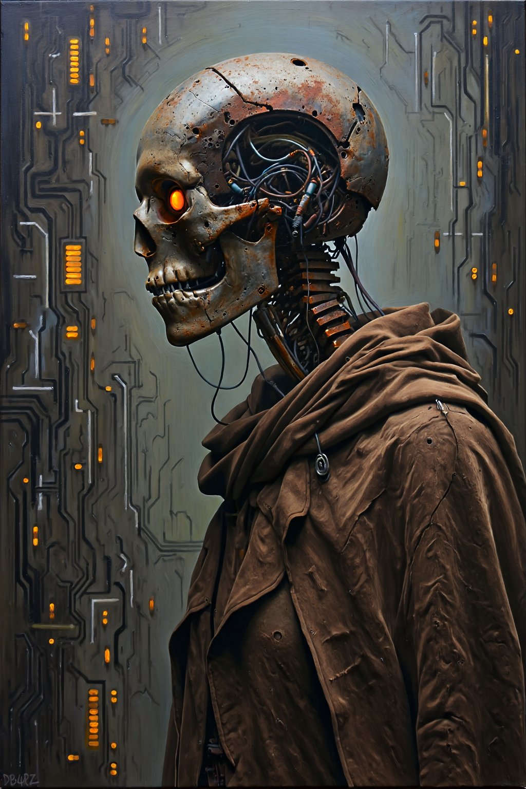 DB4RZ style painting(impasto, oil painting: 1.2) side profile of a tall female skeletal robot made of rusted metal, glowing orange eye contrasts sharply with its dark, metallic frame, wires and cables dangle from its exposed joints, giving it an eerie, decaying appearance, the robot is draped in a worn brown cloak, the background is a dimly lit industrial environment with hints of glowing circuitry, shadows are deep and pervasive, the overall atmosphere is ominous, evoking a dystopian, post-human world.