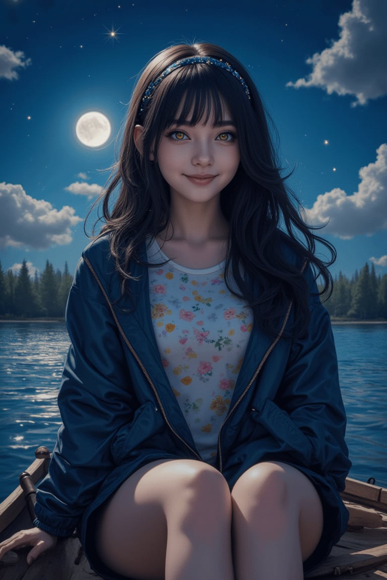 best quality, 4K, masterpiece, 8K, bottom view, solo, alone, UHD drawing, ultra quality, sfw, realistic, perfect hands, detailed, very detailed, ultra detailed, perfect head, perfect light, perfect eyes, more detail XL, 25 years old, black hair, sparkling hair, long hair, floating hair, stars on hair, yellow eyes, {glowing eyes}, hairband, women's windbreaker, oversized windbreaker, T-shirt, T-shirt with random patten, shorts, boat oars, wooden boat, sitting, lake, night, starry sky, moon, looking at viewer, {joyful mood}