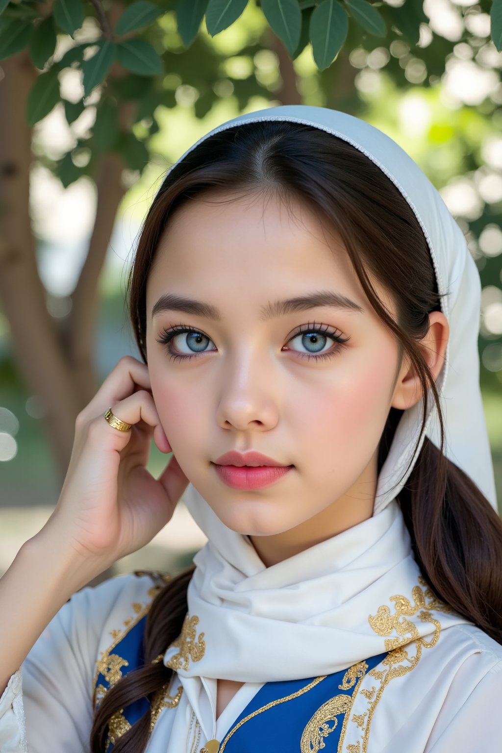 A close-up portrait of a young Asian woman with long brown hair and blue eyes. She is wearing a white headscarf with a blue and gold embroidery on the front. Her hair is pulled back in a ponytail. Her eyes are blue and her eyebrows are a light brown. Her lips are a darker pink color. Her left hand is raised in the air and she has a gold ring on her left hand. The background is blurred, but we can see a tree with green leaves.