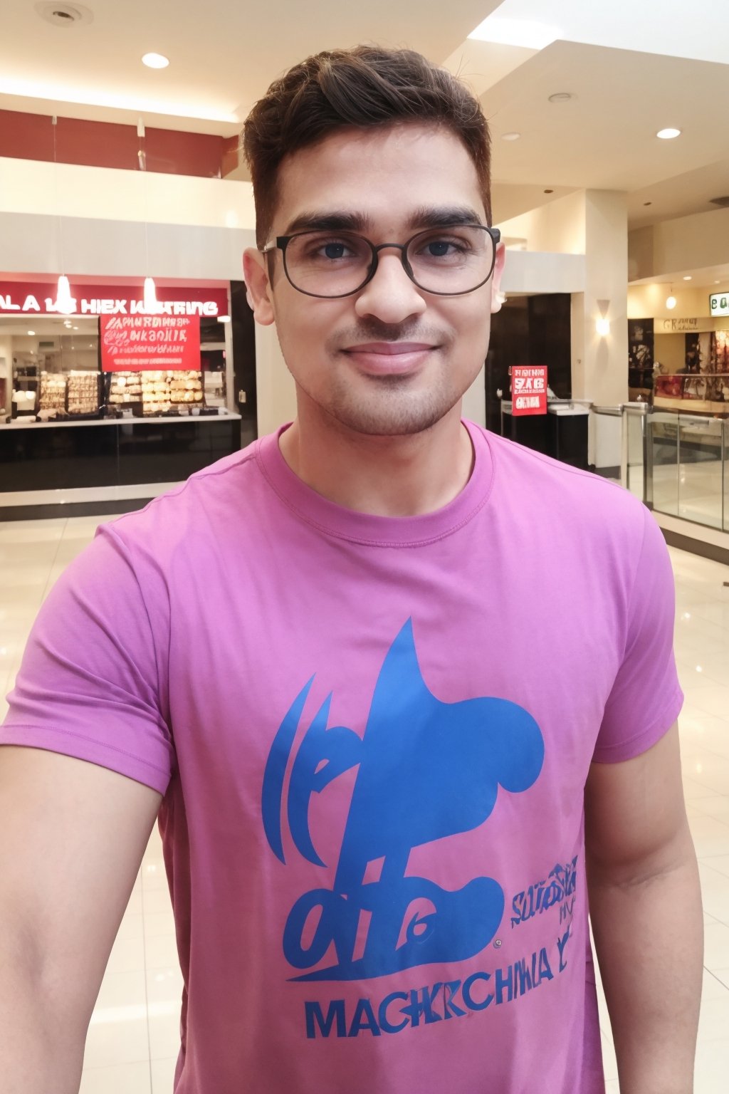 1boy, masterpiece, handsome, looking at viewer, blue eyes, 30yo, t-shirt, silky smooth hair, Taper Fade hair style, medium hair,cute smile, black glasses, random pose, shopping mall