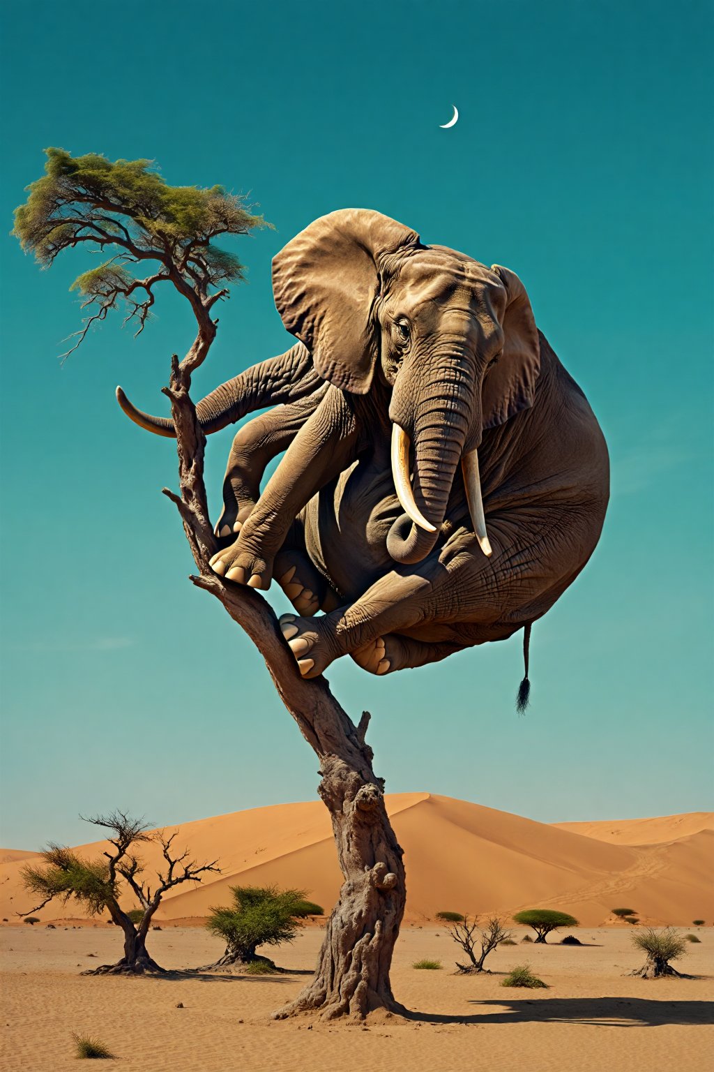 Surrealist photographic composition of a colossal elephant perched precariously on a slender tree branch in a vast desert landscape. The elephant's massive, wrinkled body is curled into an impossible ball, defying gravity and logic. Its large ears frame its body, creating a symmetrical silhouette against a deep turquoise sky. The tree, despite its delicate appearance, supports the elephant's enormous weight, its gnarled branches adorned with sparse, wind-swept foliage.
Below, an expansive desert stretches to the horizon, its rolling dunes cast in warm, golden light and cool shadows. Scattered scrub vegetation dots the sand, adding depth to the barren landscape. In the distance, more dunes create a rhythmic pattern, their curves echoing the rounded form of the elephant.
A crescent moon hangs in the sky, its pale form contrasting with the vivid blue, suggesting a dreamlike quality to the scene. The lighting is soft yet dramatic, emphasizing the textures of the elephant's skin and the grains of sand.
The image juxtaposes the heavy with the light, the impossible with the mundane, creating a sense of whimsy and wonder that challenges perception and reality. The color palette is dominated by the warm tones of the sand and elephant skin, set against the cool blue of the sky, enhancing the surreal atmosphere of this impossible scene.