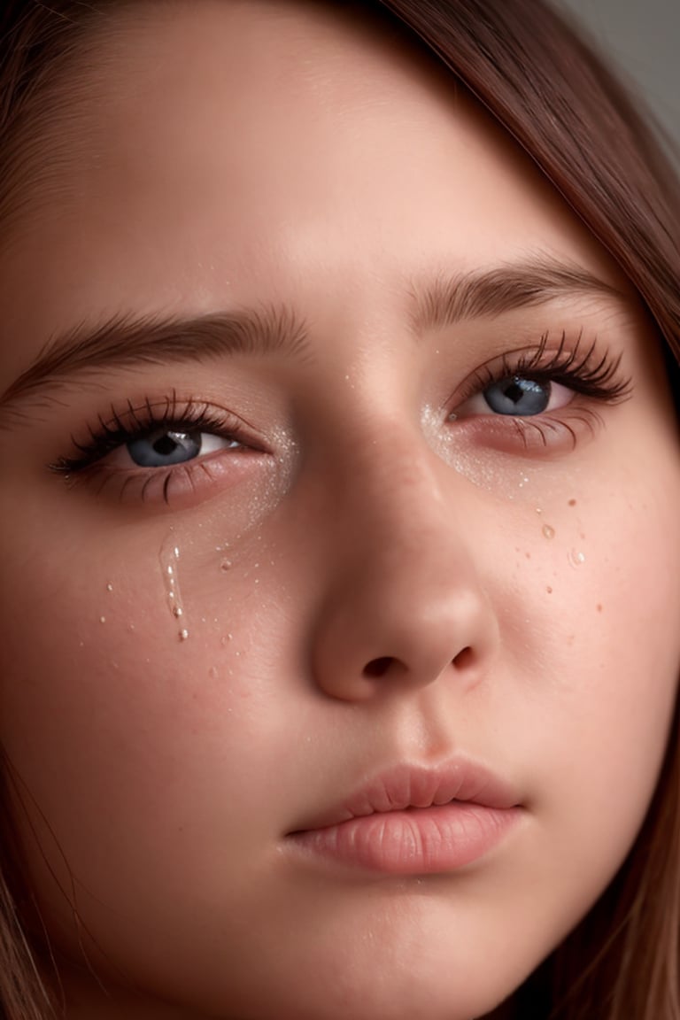 1girl, solo, looking at viewer, short hair, brown hair, closed mouth, lips, portrait, close-up, realistic, nose, tears, 20yo, straight face, fron face, Enhance