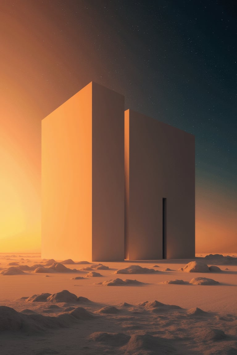 "Create a minimalist image emphasizing the vastness of Paul Chadeisson's designs and the style of René Magritte.", "The scene is set at sunset, with warm, golden hues casting a gentle glow over the architecture, enhancing the tranquil and refined atmosphere. Depict a vast, expansive space scene with breathtaking scale against a grand, immersive outer space background. Feature a massive structure that features simplified forms and geometric shapes, emphasizing clean lines and smooth surfaces. A restrained color palette with neutral tones and minimal accents creates a cohesive and sophisticated look. Unnecessary embellishments are removed, focusing on functionality and clarity. Increased negative space provides a sense of airiness and lightness. High-quality, natural materials with simple finishes add elegance. Proportion and balance ensure harmony, while subtle textures and details add depth without overwhelming the design's simplicity."