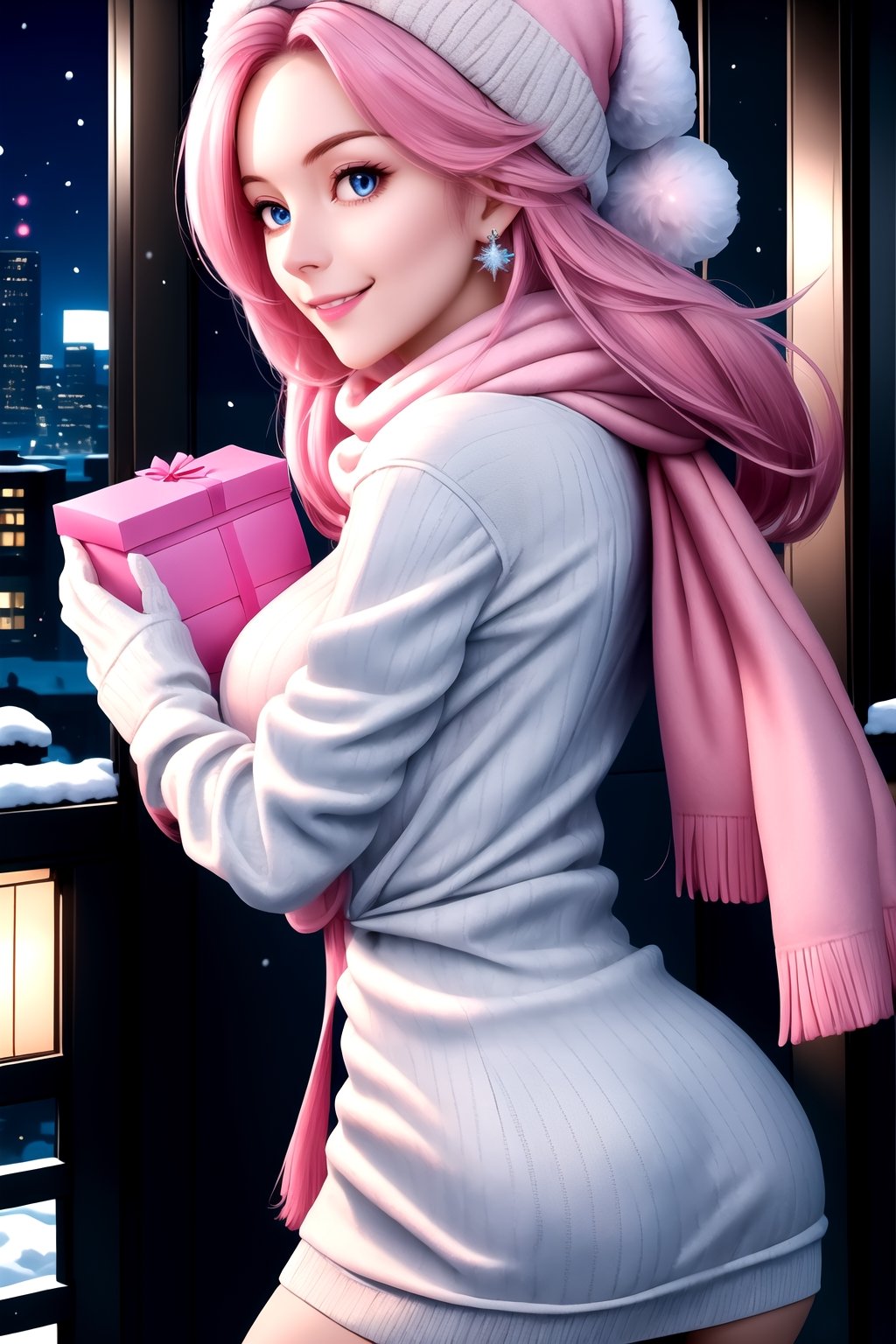 1girl, solo, long hair, breasts, looking at viewer, smile, blue eyes, gloves, hat, holding, jewelry, closed mouth, standing, pink hair, cowboy shot, earrings, outdoors, white gloves, scarf, sweater, lips, coat, night, white headwear, building, box, pom pom \(clothes\), snow, gift, snowing, city, realistic, beanie, gift box, winter clothes, holding gift, winter, pink scarf, incoming gift,huge ass