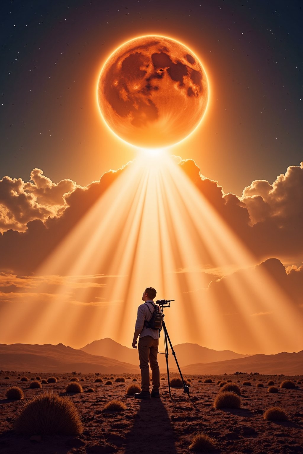 A young astronomer discovers an ancient prophecy predicting the end of the world during a total solar eclipse. The poster features a dramatic sky with the moon blocking the sun, casting long shadows over a desolate landscape. In the foreground, the astronomer stands with a telescope, looking up in awe and fear.