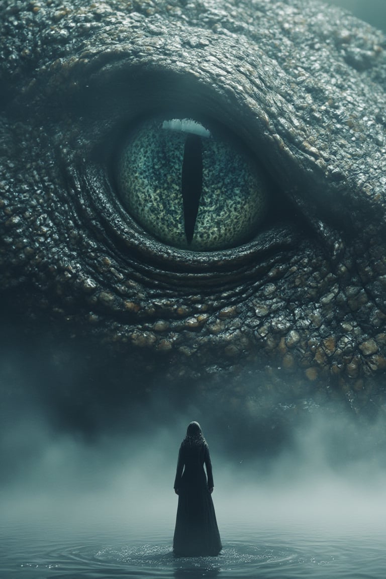 a striking and surreal scene that combines elements of both the natural world and fantasy. Dominating the composition is a massive, reptilian eye, filling almost the entire frame. The eye is highly detailed, with a slit-like pupil that suggests it belongs to a large, powerful creature, perhaps a dragon or another mythical being. The texture around the eye is rugged and scaly, giving the impression of ancient, weathered skin. In the lower portion of the image, a solitary human figure stands before the eye, dressed in a flowing black robe. The figure is tiny in comparison to the colossal eye, emphasizing the vast difference in scale and power between the two. The person stands on a surface that appears to be water or mist, which reflects the eerie, otherworldly light that surrounds the scene. The atmosphere is misty and dreamlike, adding to the sense of mystery and awe. Overall, the image is both dramatic and thought-provoking, blending cultural elements with a fantastical imagination to create a visually captivating scene.