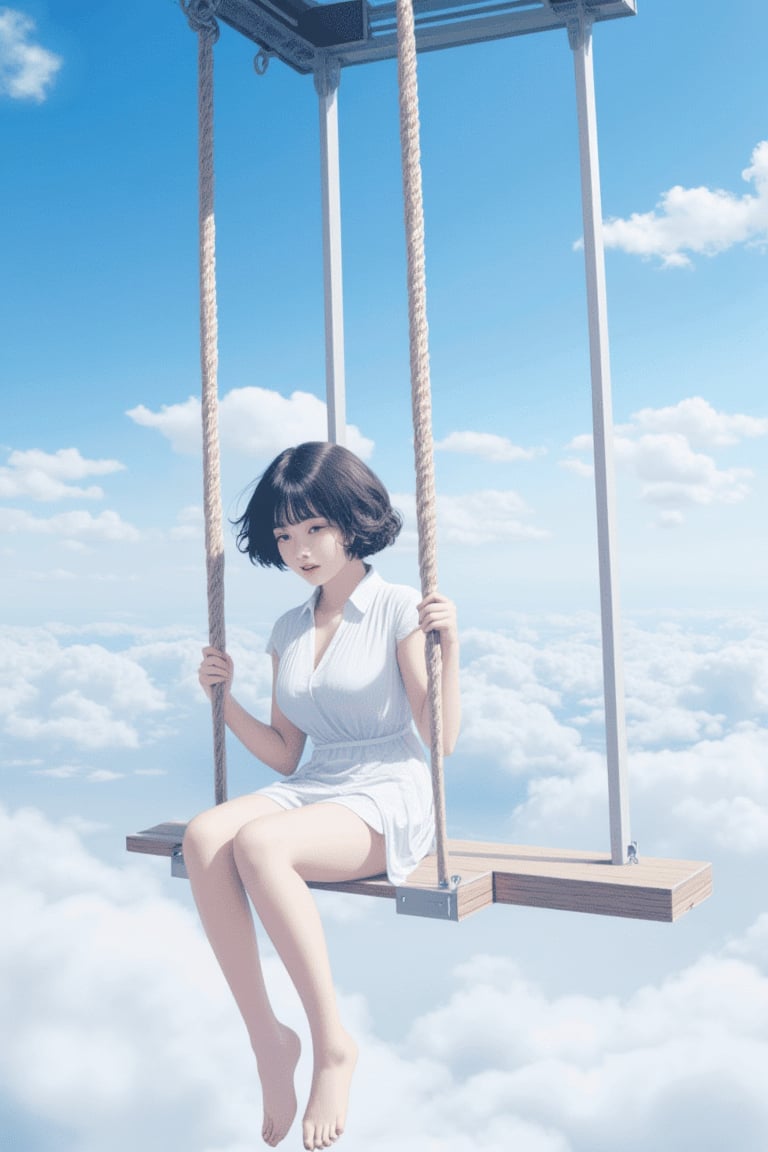 best quality,masterpiece,1girl, above clouds, solo, short hair, bangs, black hair, dress, sitting, closed eyes, short sleeves, outdoors, parted lips, sky, day, cloud, white dress, blue sky, cloudy sky, swing