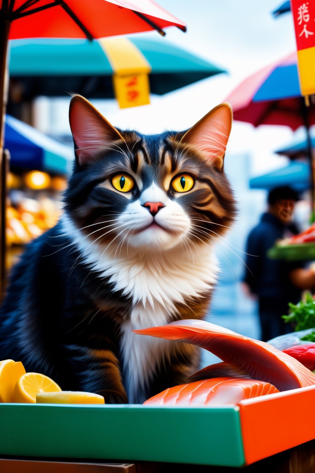 image of a hand offering money to a fishmonger cat, holding fish, 8k, ultra detailed, at the market,   