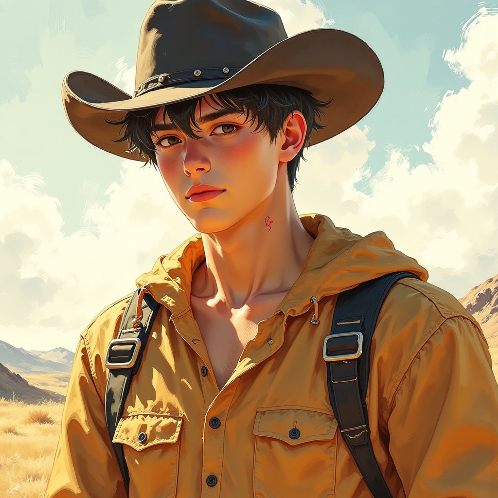 Anime ,anime style, comic, comic art,art style of JC Leyendecker, art style of Harry bush ,  art style of Shinkiro , men, country boy, sweaty handsome man  , chest hair, sweaty, handsome cowboy man  , handsome cowboy , male cowboy , cowboy clothes, unkept uniform, ruff , scars on arms or chest , hairy , masculine, rough, rancher background 
 , in the style of BSstyle004