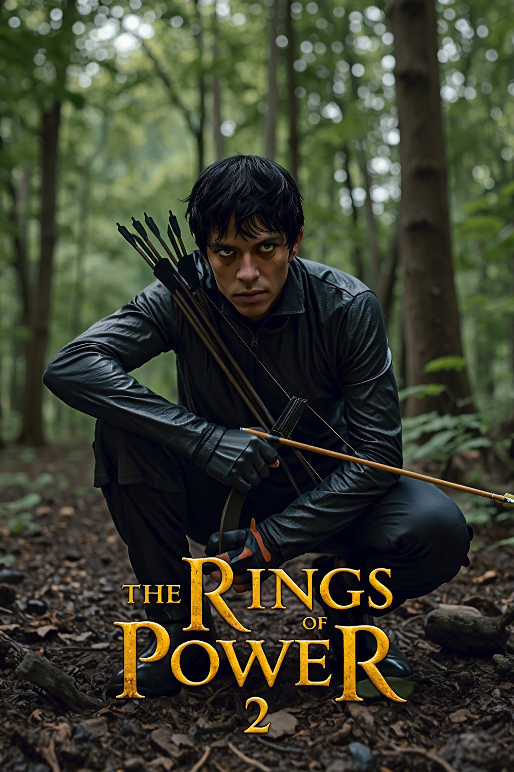 ((((Display the text "The Rings of Power 2 - Amazon's shittiest series" on a movie poster)))).  male black elf in the woods, bold black head, short hair, with a bow, A curved arrow made of rubber, elf doing a stupid pose,squatting pose
mvpstrCE style