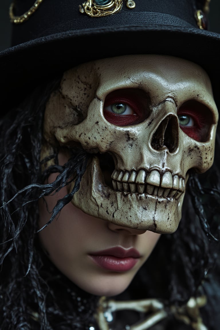 wearing skull mask,  face AND skull, woman a  steampunk close up of a person wearing a skeleton, horror, voodoo, pin-up  gothic,wearing skull, Miki Asai Macro photography, close-up, hyper detailed, vitorian style,trending on artstation, sharp focus, studio photo, intricate details, highly detailed, by greg rutkowski , photorealism 