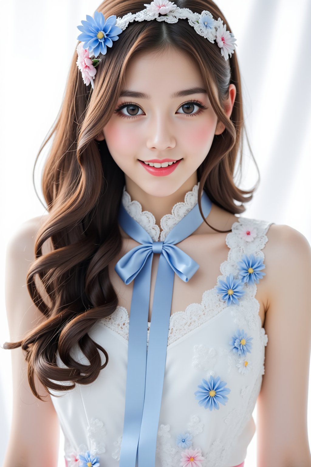 a medium-sized Asian woman with long, wavy brown hair, wearing a white dress adorned with a blue ribbon tied around her neck, adorned with pink flowers. The woman's dress is adorned with blue and white flowers, adding a touch of color to her outfit. The backdrop is a stark white, with a delicate lace headband, adding depth to the scene.