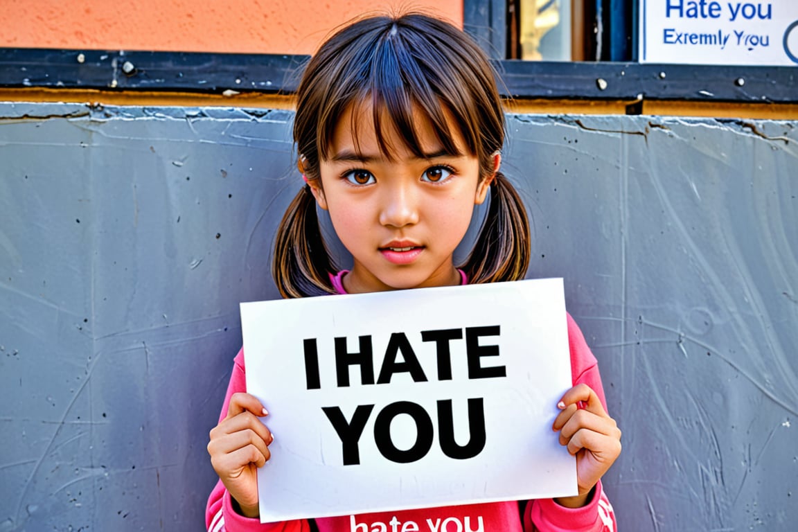 a cute girl holding a sign stating (TEXT "I HATE YOU"), extremly detailed.