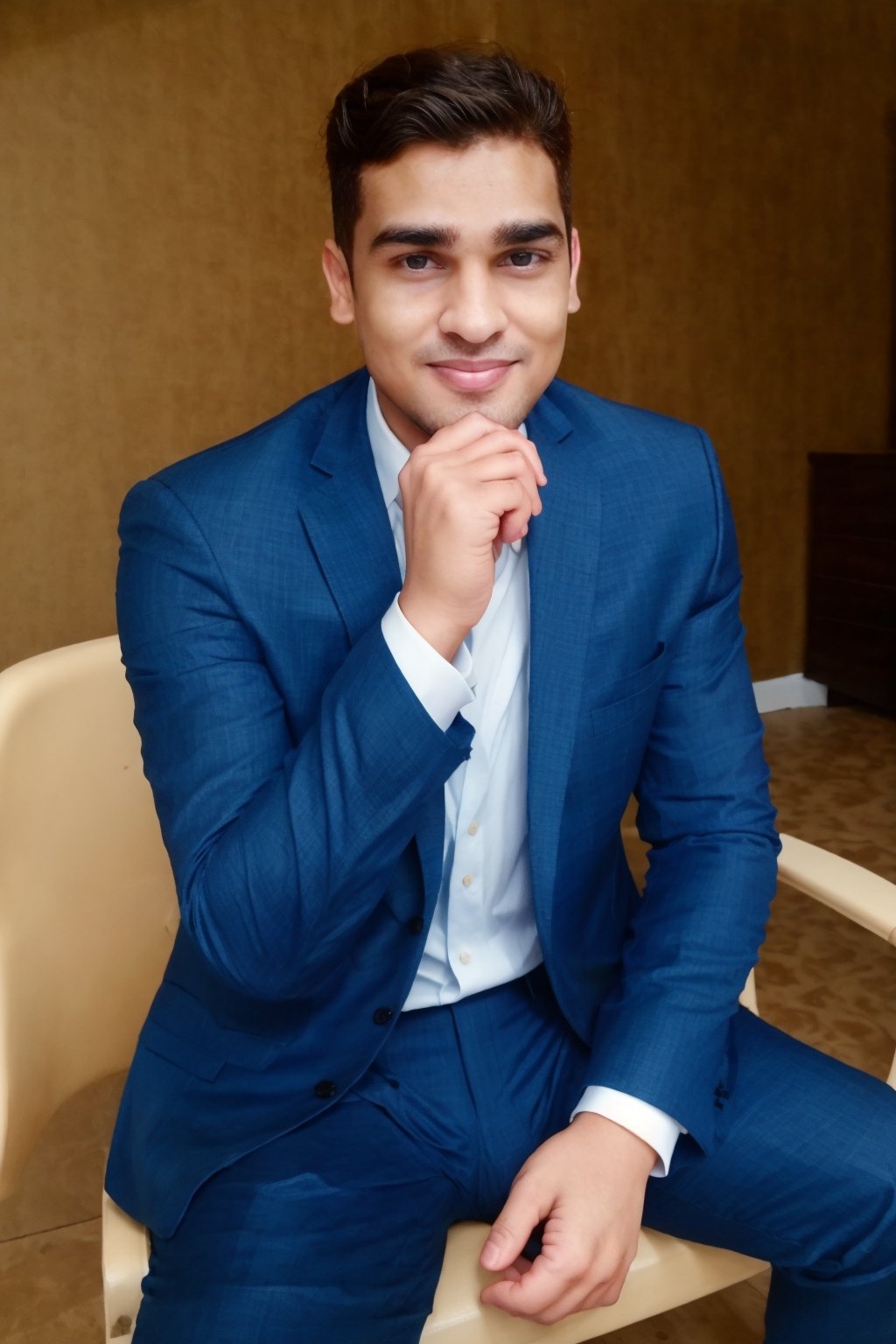 1boy, looking at viewer, blue eyes, 30yo, two piece suit, silky smooth hair, Taper Fade hair style, medium hair,cute smile, sitting, chair,hand on own chin