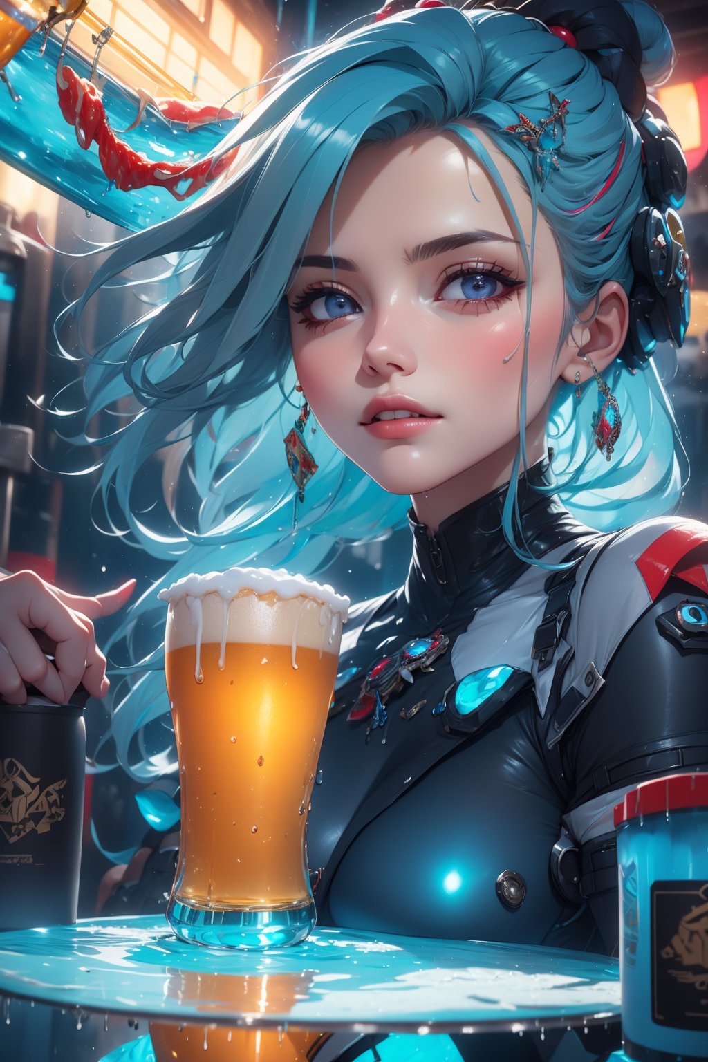 Hyperrealistic, close-up portrait of a radiant gray-haired cyberpunk girl, clad in futuristic attire and emblazoned with neon accents, holding a beaded iced glass of beer that drips onto a sizzling summer asscrain, surrounded by a whirlwind of detailed, suspended pizza slices, creating a dynamic and complex visual narrative.