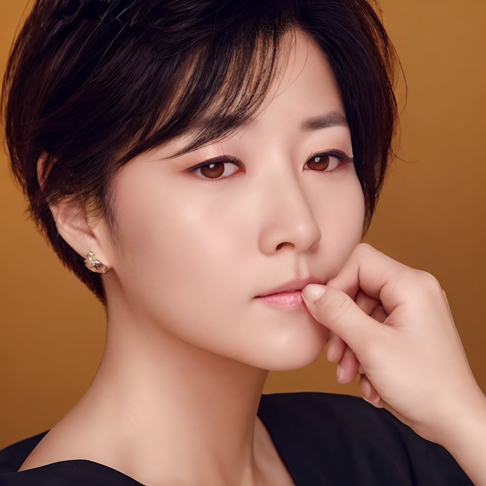 1girl,looking at viewer,short hair,simple background,black hair,brown eyes,parted lips,solo focus,black eyes,lips,portrait,out of frame,realistic,nose,hand on another's chin
