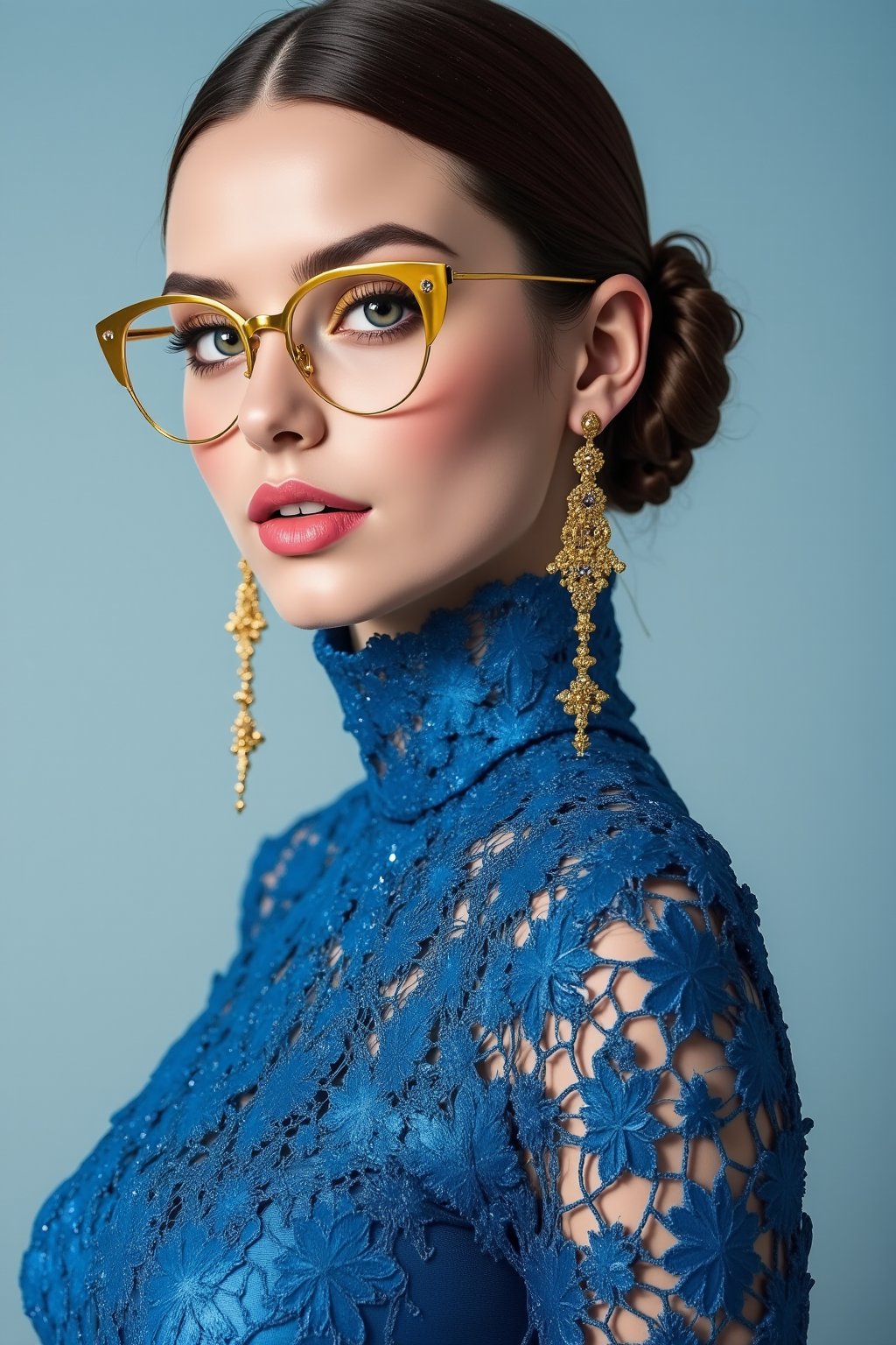 Hyperreal, Full height, Supermodel in an elegant  blue,  crocheted lace openwork tunic, style beat art, glasses with gold frame, detailed eyes, detailed, shiny lips, fashionable illustration, echoes the high chic of high fashion, fusion of surreal elements, fusion of art, digital rendering, chic elegance, detailed, ultra hd, realistic, bright colors, very detailed, UHD pattern, pen and ink, perfect composition, beautiful detailed, intricate octane visualization in the trend at the station, 8k, photorealistic concept art, soft natural three-dimensional cinematic light,by Lyudmila