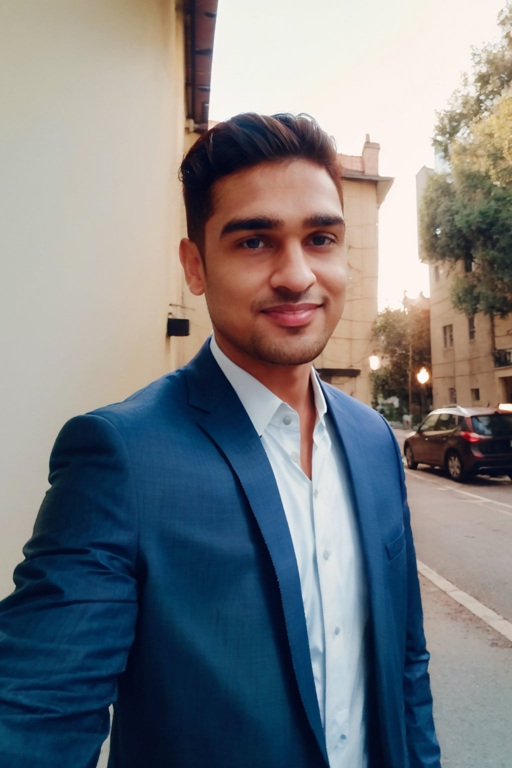 1boy, masterpiece, handsome, looking at viewer, blue eyes, 30yo, two piece suit, silky smooth hair, Taper Fade hair style, medium hair,cute smile, Jacket over shoulder, side pose, walking, 