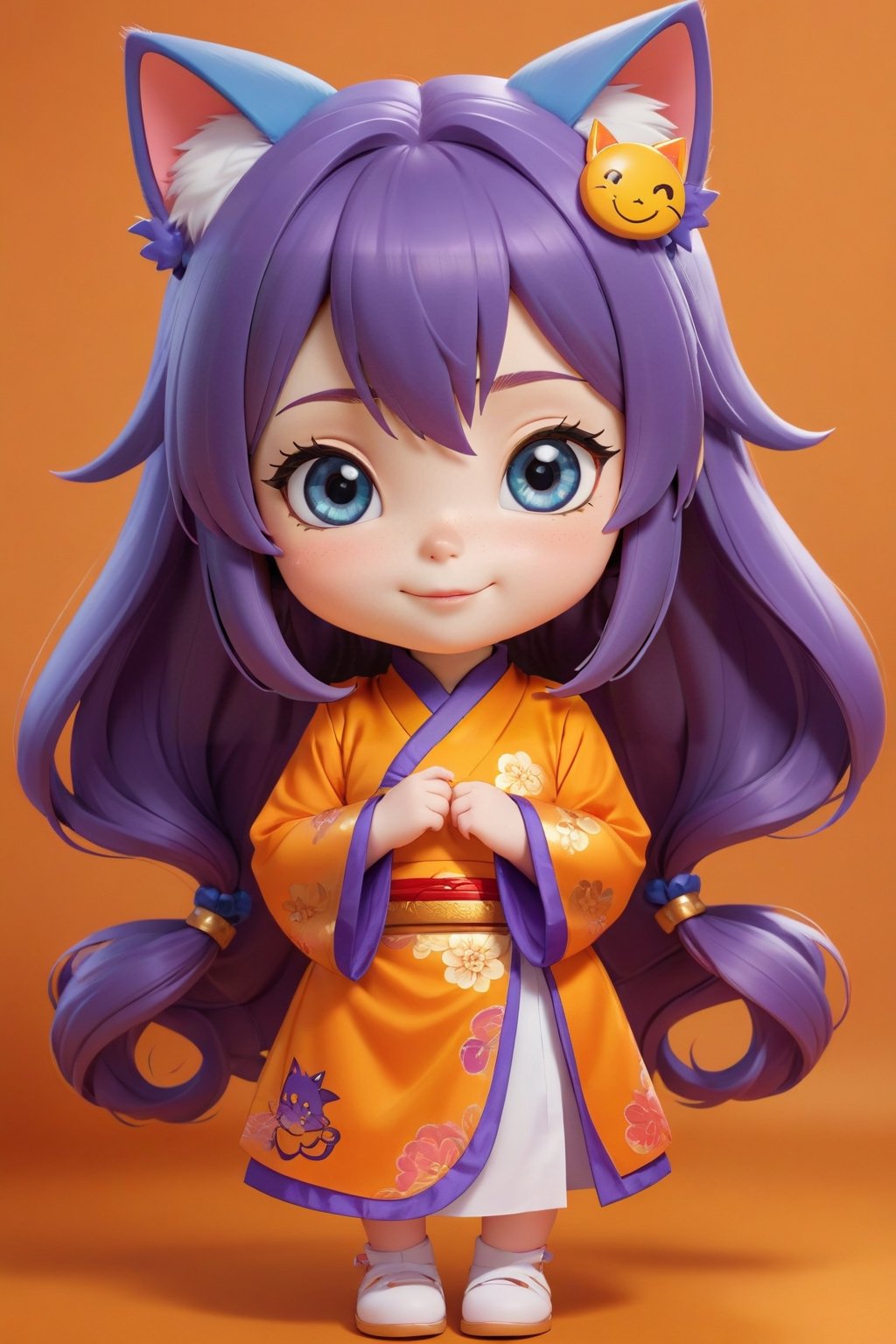 2 GIRLS, solo, chibi, full body, looking at viewer, smiley face, blue eyes, cat ears, long hair, violet hair, chinese dress, orange background