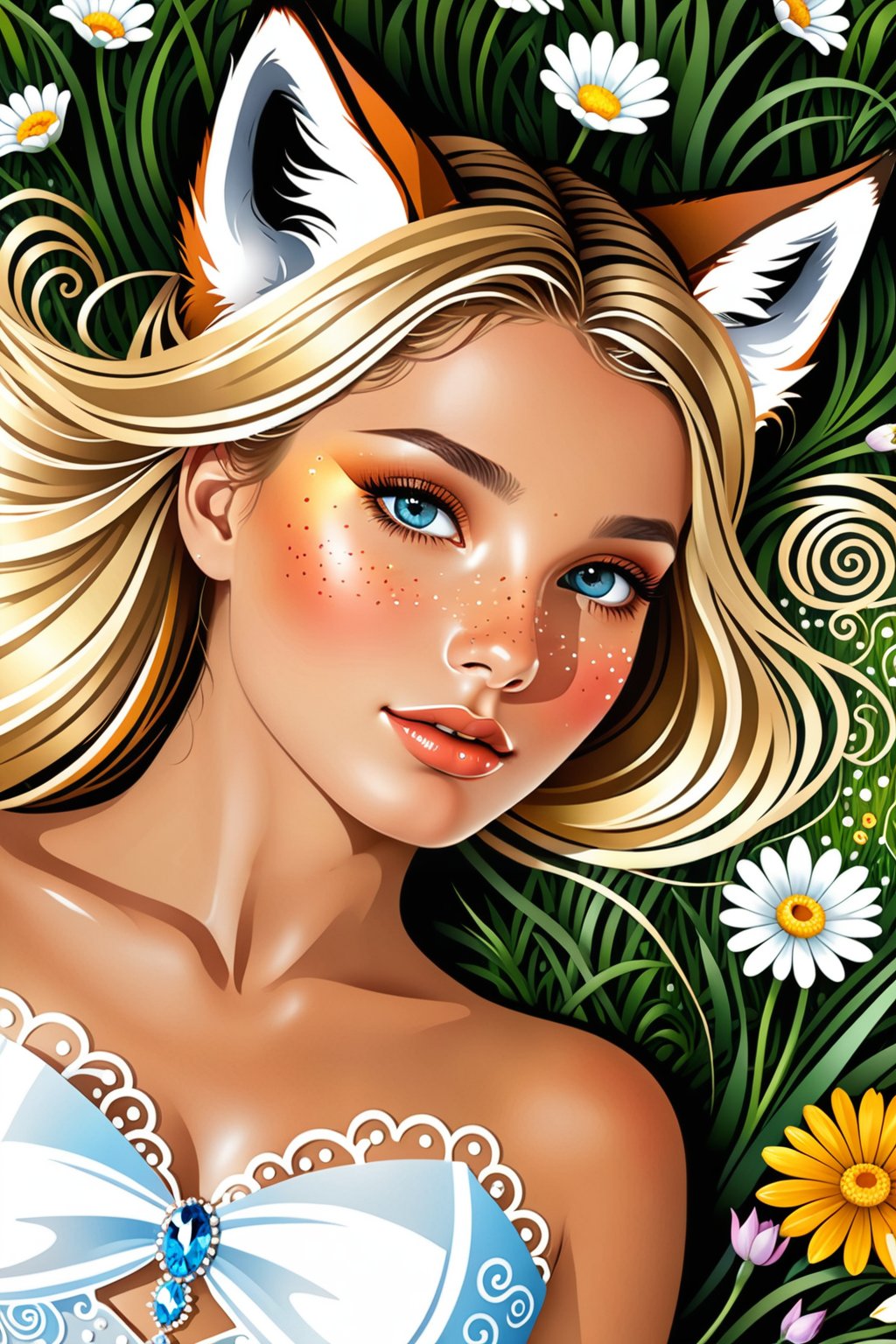 thick outlines, airbrush, 
 Josephine wall, fluid motion, dynamic movement, floral decor, perfect face, with bright beautiful detailed eyes, ultra high quality model digital art, Pia Mia, perfect facial feature, perfect anatomy, perfect model face, freckles, open eyes "  beautiful woman snuggle a fox." mesmerizing scene, shiny, shimmery, glittery, highlights in the hair and the eyes,, view from above, looking up, laying on the back in a flower field. Intricate details, perfect face, beautiful, white transparent dress,
wearing silk dress photorealistic concept art, 
natural and soft volumetric cinematic perfect light
((Greg Rutkowski,  dynamic lighting, fantasy art, sticker, 2d cute, fantasy, dreamy, vector illustration, 2d flat, centered, by Tim Burton, professional, sleek, modern, minimalist, graphic, line art, vector graphics, view fom above, looking up