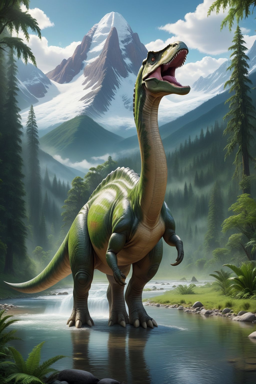 A serene forest scene, a colossal and gigantic long-necked dinosaur standing in a shallow stream, the dinosaur has a graceful towering neck and a curious expression, The surrounding landscape includes lush greenery and tall trees and a backdrop of majestic snow-capped mountains under a partly cloudy sky, tranquility and prehistoric wonder, insane details, , , , , , 