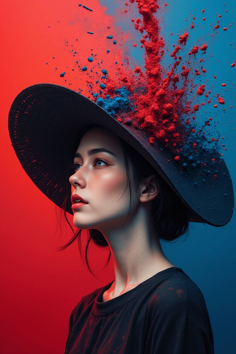 A woman wearing a wide-brimmed hat, gorgeous colors, the woman's hair breaks into small pieces and turns into powder as it moves away from her head, the abstract red background and fantastic blue gradient add to the mysteriousness, the heavy and unstructured thick brush strokes beautifully express the portrait of a woman,