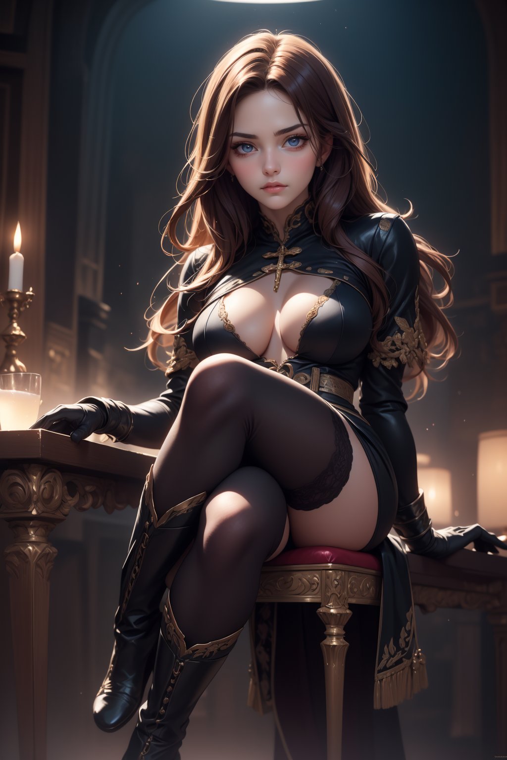 Create a high-resolution, photorealistic digital painting full length portrait of a beautiful woman sitting cross-legged on a high stool leaning in to the viewer, black boots,  gloves, a slim waist. She has a sad expression on her face. Her proportions should be emphasized by dramatic lighting, showcasing her beauty. The background should complement the subject without overpowering the main focus. The style should be vibrant, with detailed facial features and a slightly exaggerated, dramatic look. The background should complement the subject without overpowering the main focus. The artwork should have a motivational and dramatic feel, similar to modern cinematic poster art.