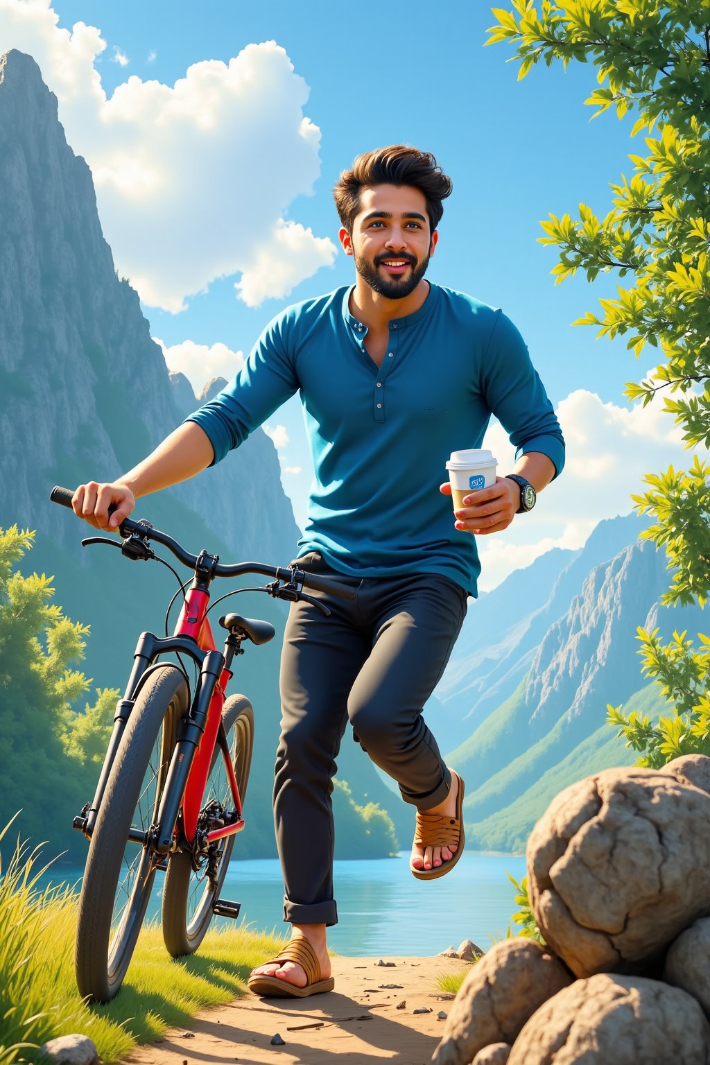 A man wearing a blue shirt and black pants is standing near a mountain (piche pahad) and a river (nadi). There are trees (ped) around him. He is wearing a watch (ghadi) and has blue eyes (Aankhen neeli color) and red lips (lips red). In one hand, he is holding a coffee cup, and in the other hand, he is holding a bicycle (cycle). The scene includes wooden elements (hawa lakadi) and plants (पेड़-पौधे). He is wearing sandals (chappal juta). The overall image should convey a sense of urgency, as if he is running (daudte hue).