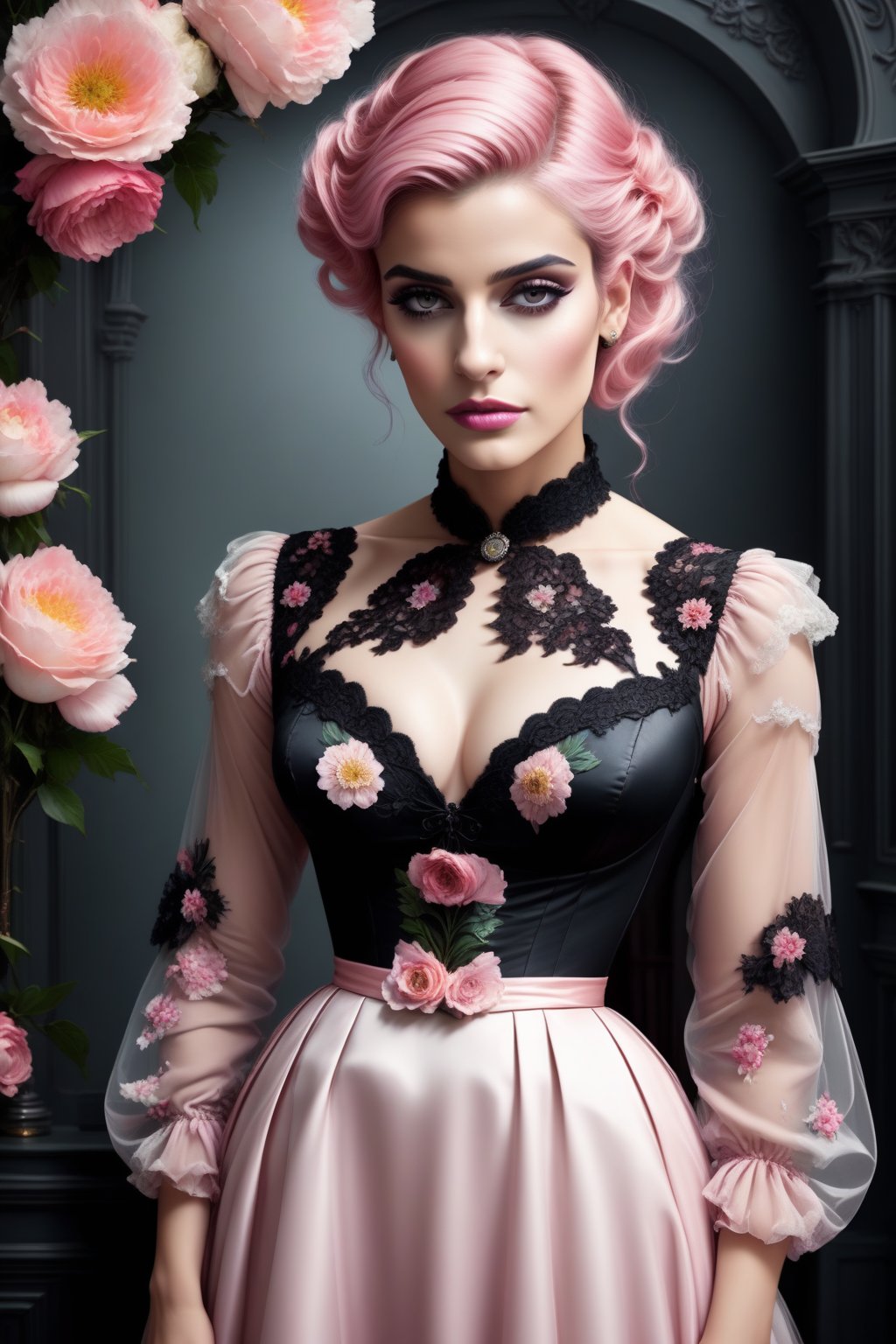 Styled by Howard Chandler Christy, Faiza Magni, Henry Justice Ford, Jessica Durrant, doom and gloom beautiful girl, pastel pink hair up, gray eyes, wearing a gothic black dress, beautiful, detailed floral background.